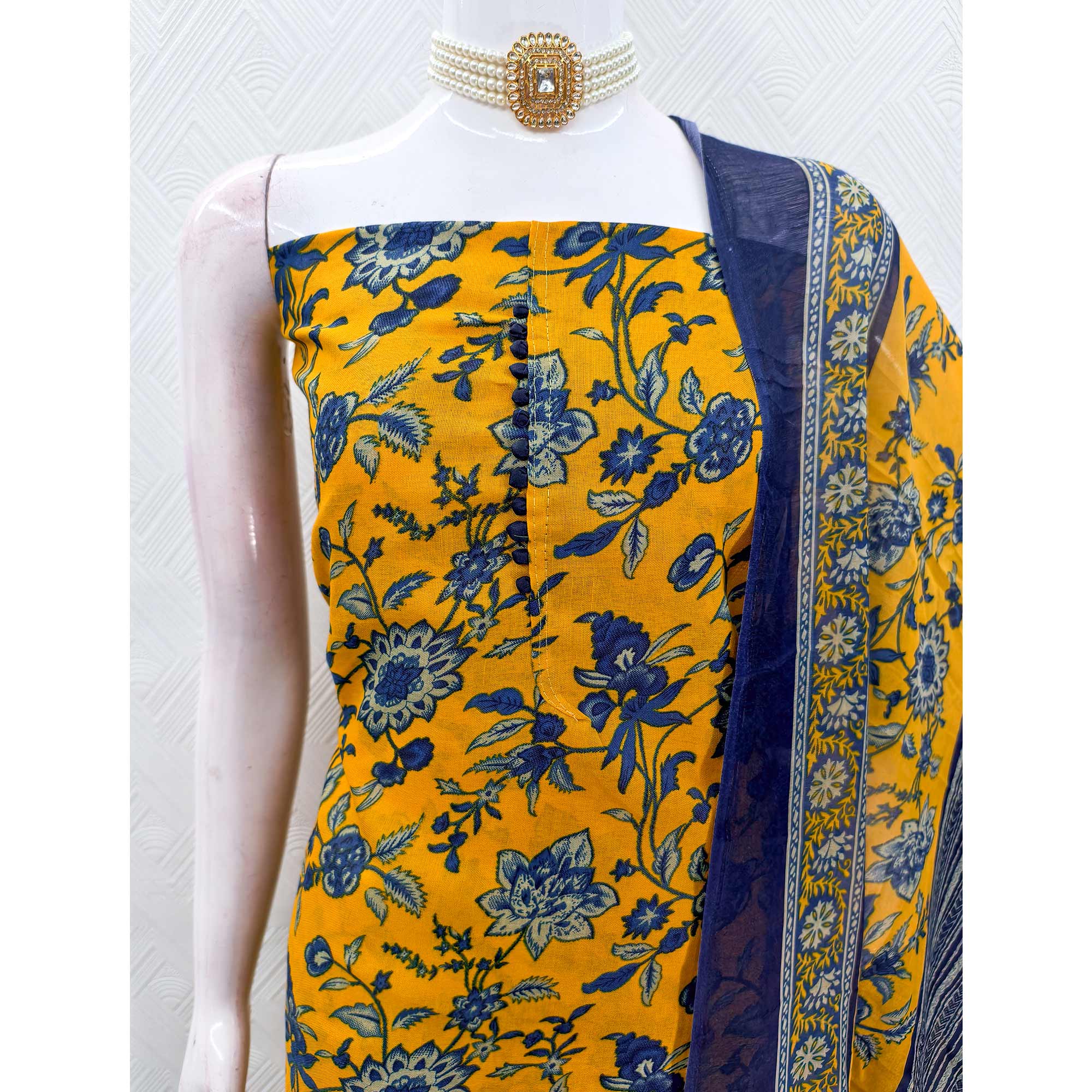 Yellow Cotton Blend Dress Material Designed With Beautiful Floral Prints
