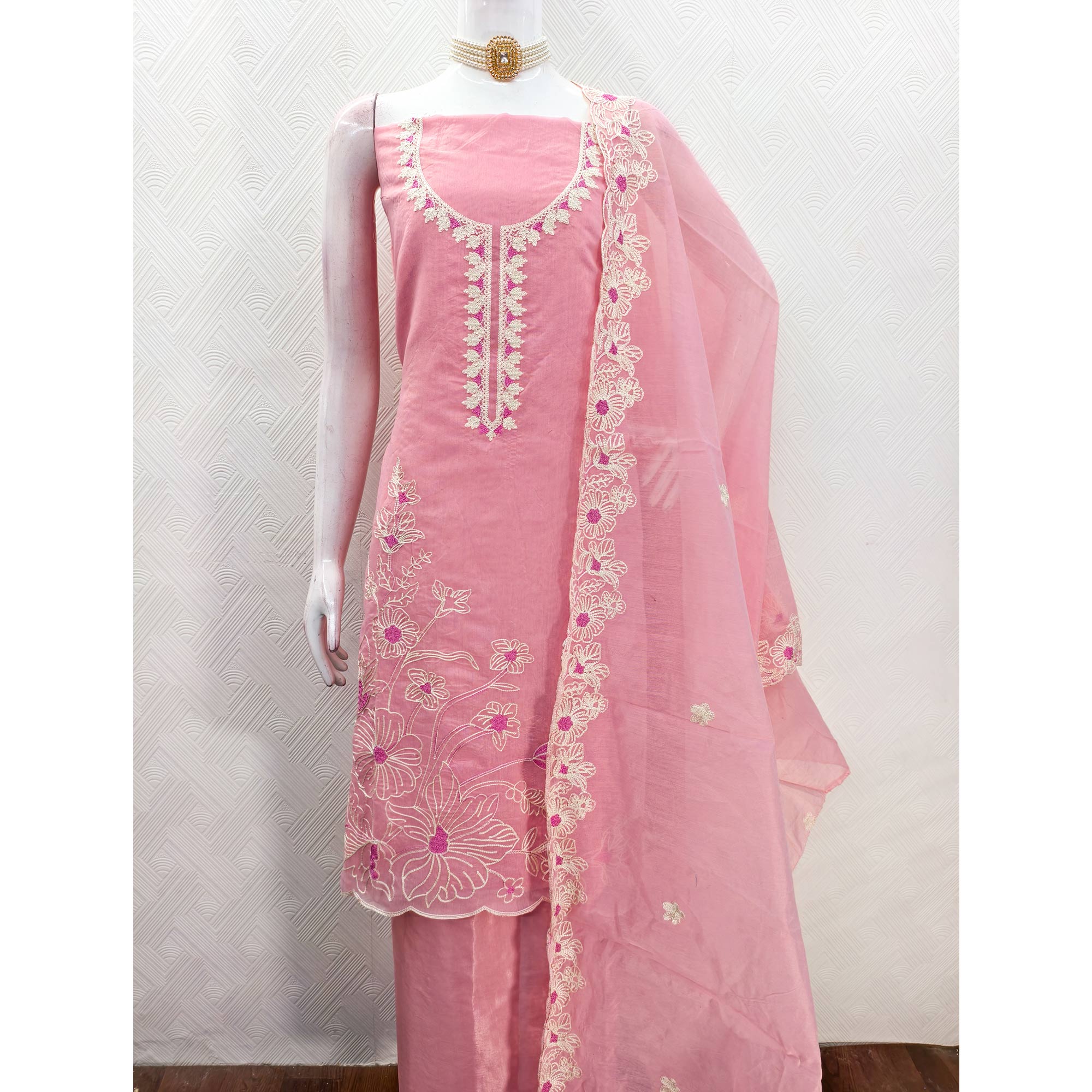 Baby Pink Chanderi Silk Dress Material Enhanced With Floral Thread Embroidered Work