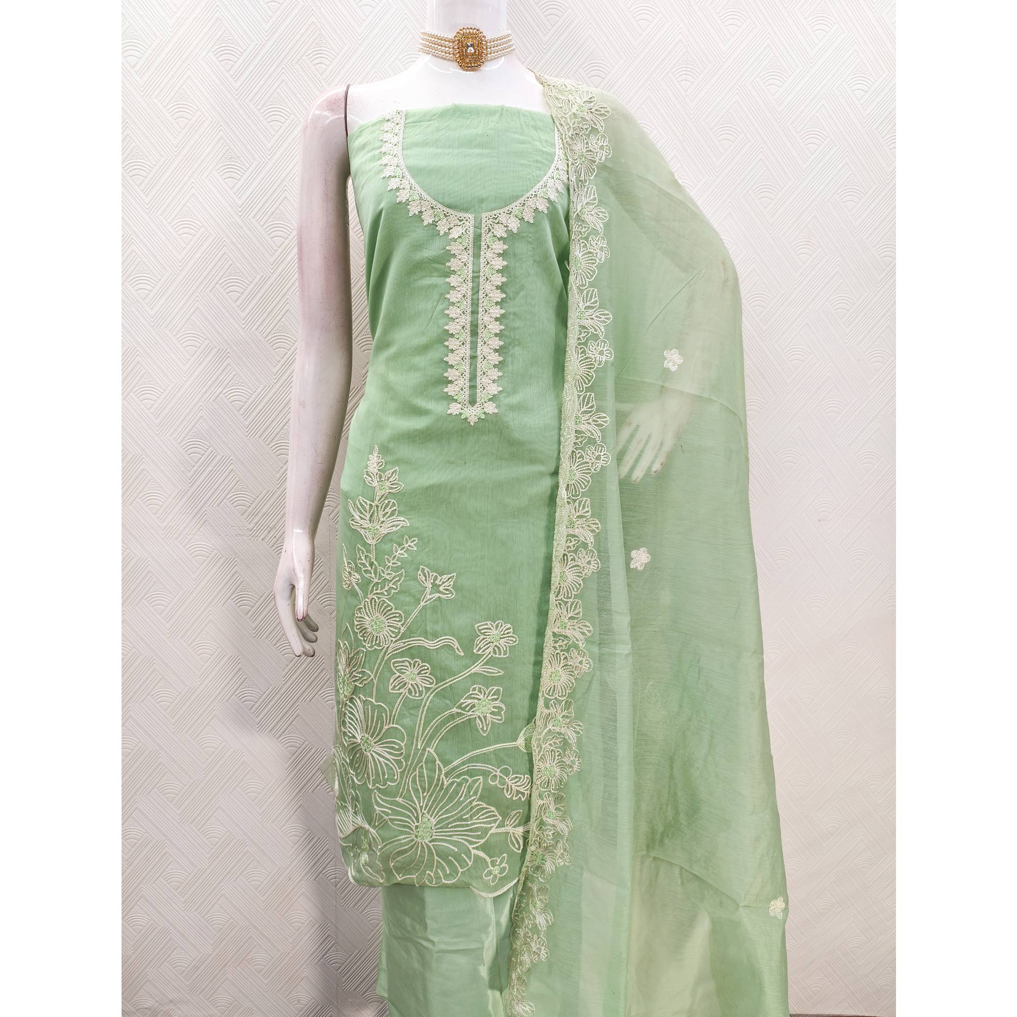 Green Chanderi Silk Dress Material Enhanced With Floral Thread Embroidered Work