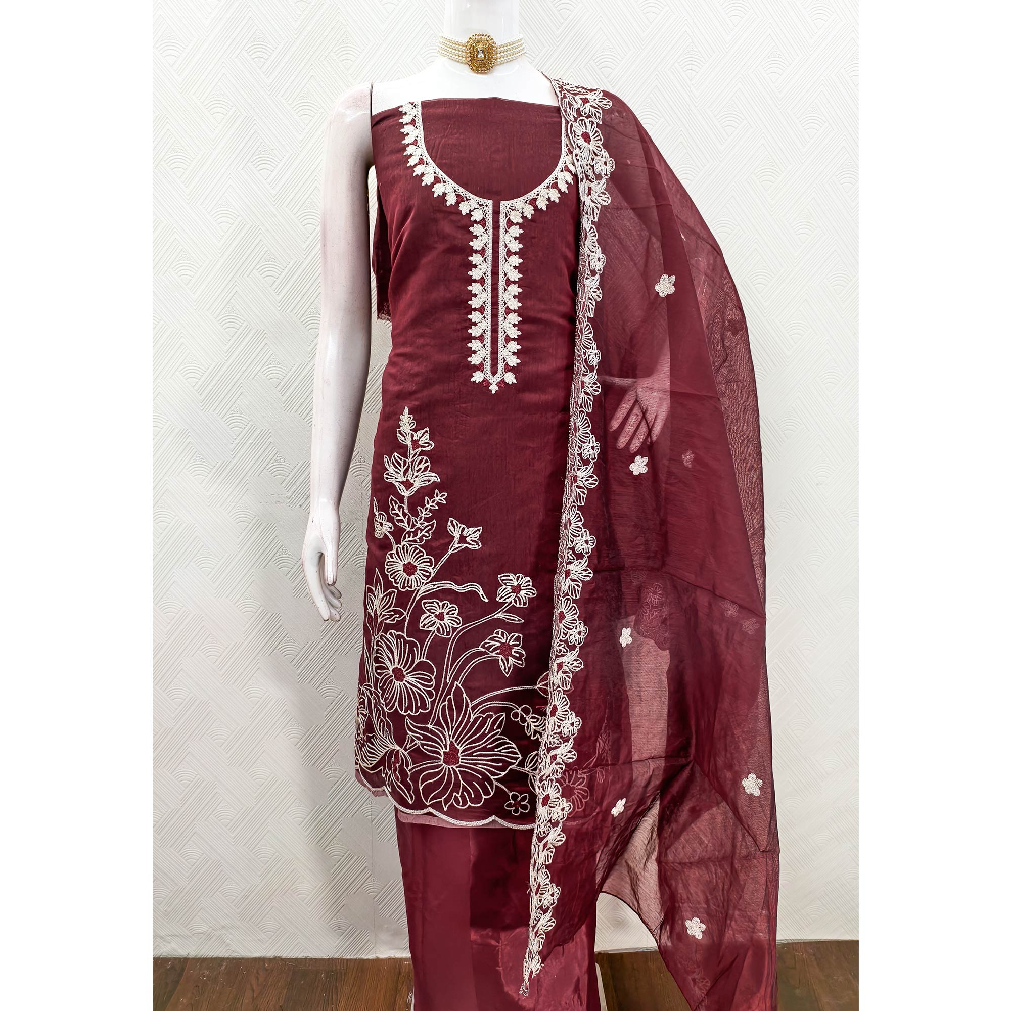 Maroon Chanderi Silk Dress Material Enhanced With Floral Thread Embroidered Work