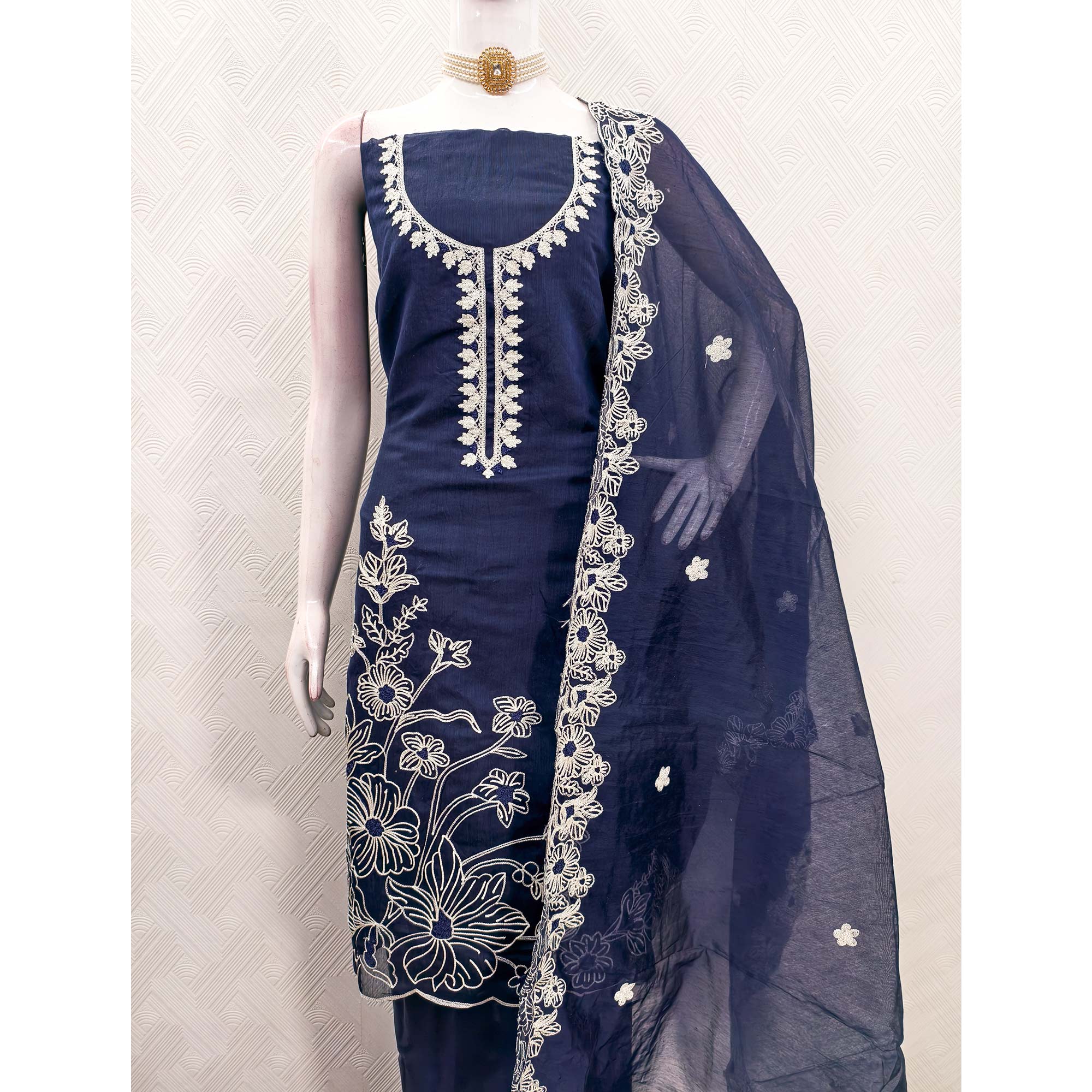 Navy Blue Chanderi Silk Dress Material Enhanced With Floral Thread Embroidered Work