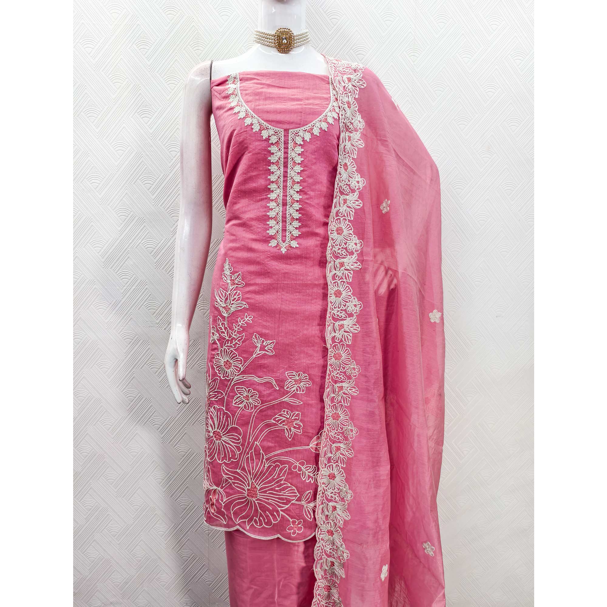 Pink Chanderi Silk Dress Material Enhanced With Floral Thread Embroidered Work