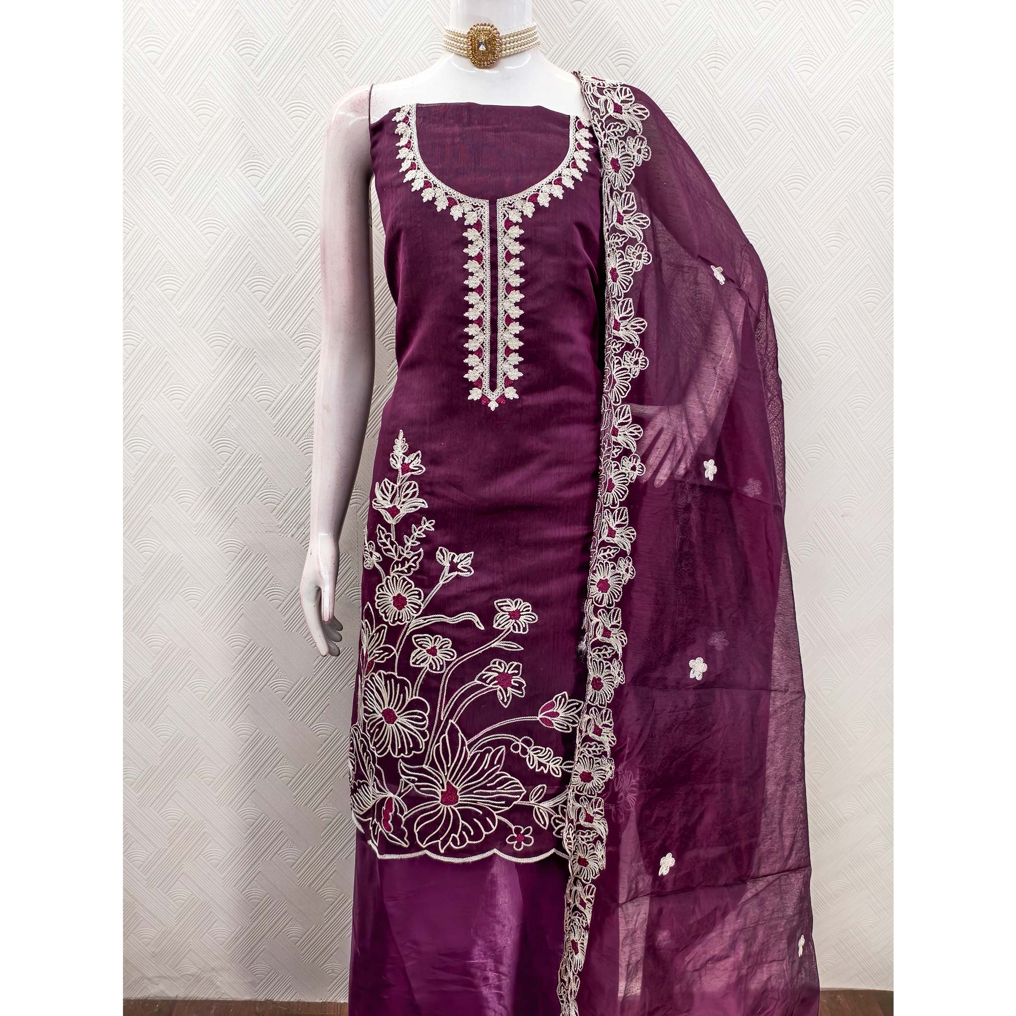 Purple Chanderi Silk Dress Material Enhanced With Floral Thread Embroidered Work