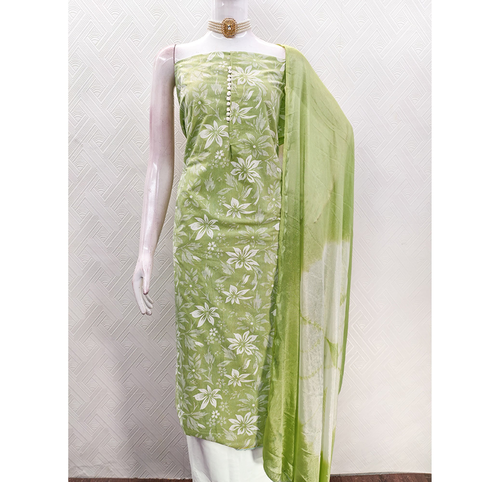 Green Cotton Blend Dress Material Adorned With Floral Printed Work
