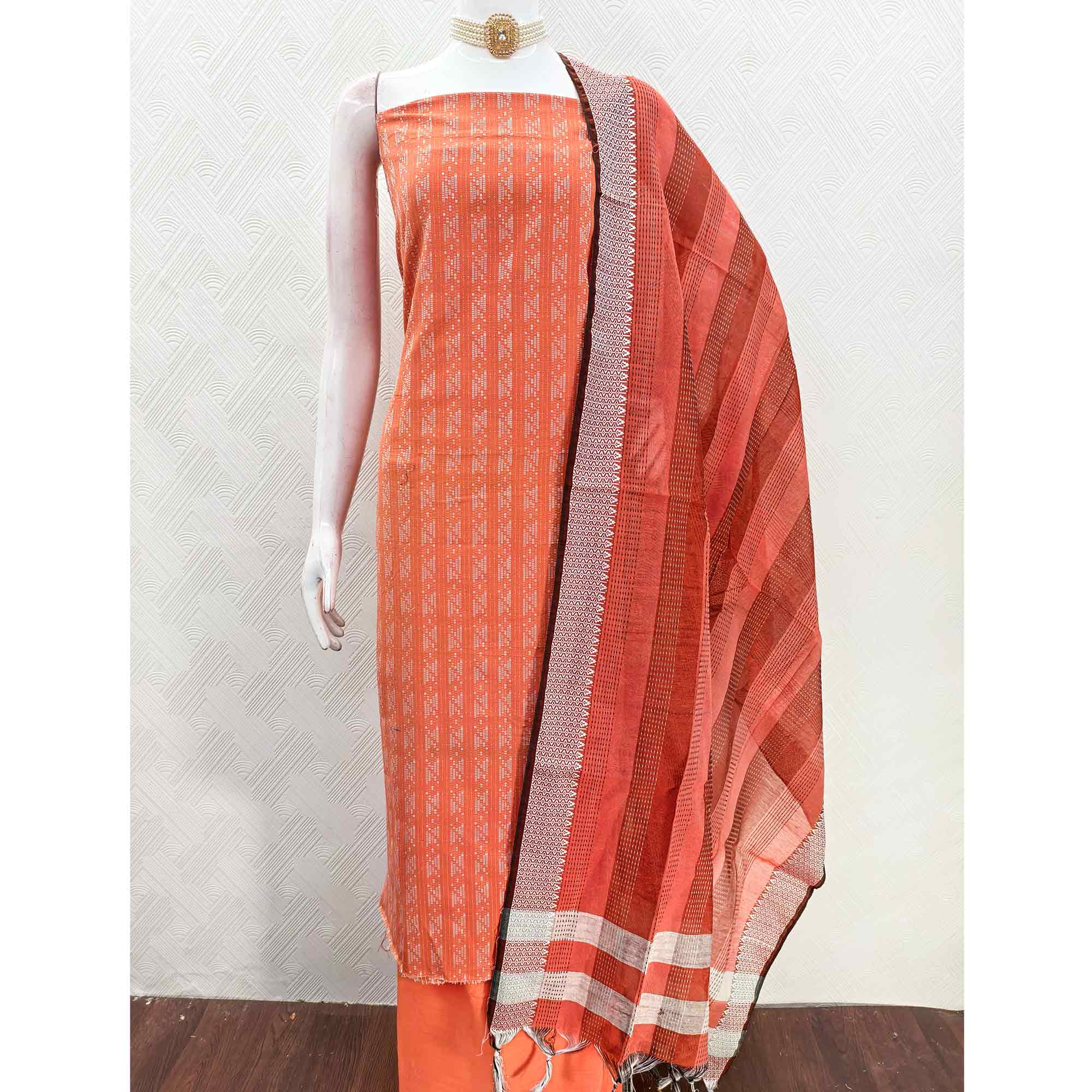 Orange Poly Cotton Blend Dress Material With Striped Pattern Weaving Work