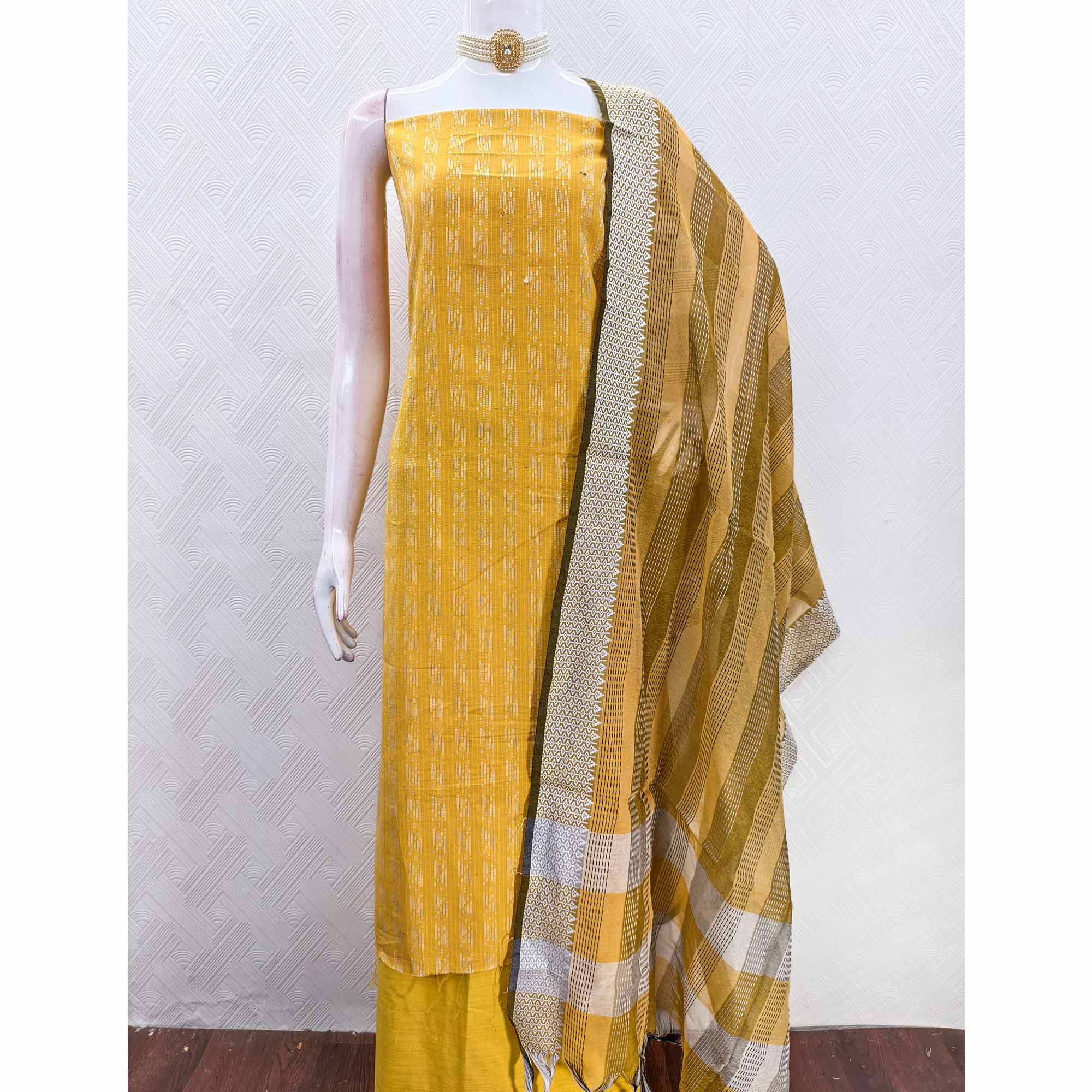 Yellow Poly Cotton Blend Dress Material With Striped Pattern Weaving Work