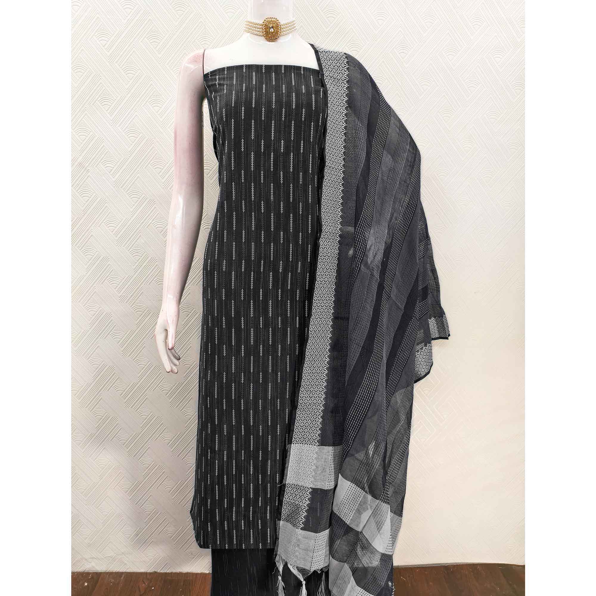 Black Poly Cotton Blend Dress Material Adorned With Striped Weaving Work