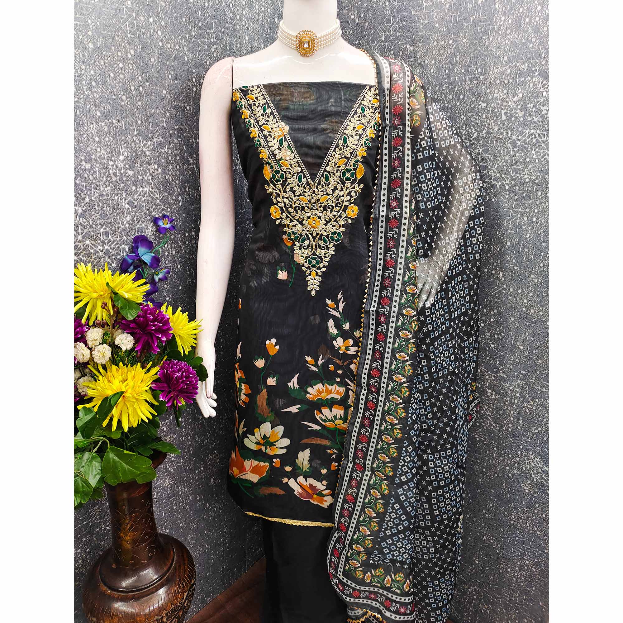 Black Chanderi Silk Dress Material With Digital Floral Print & Cording Embroidery Work