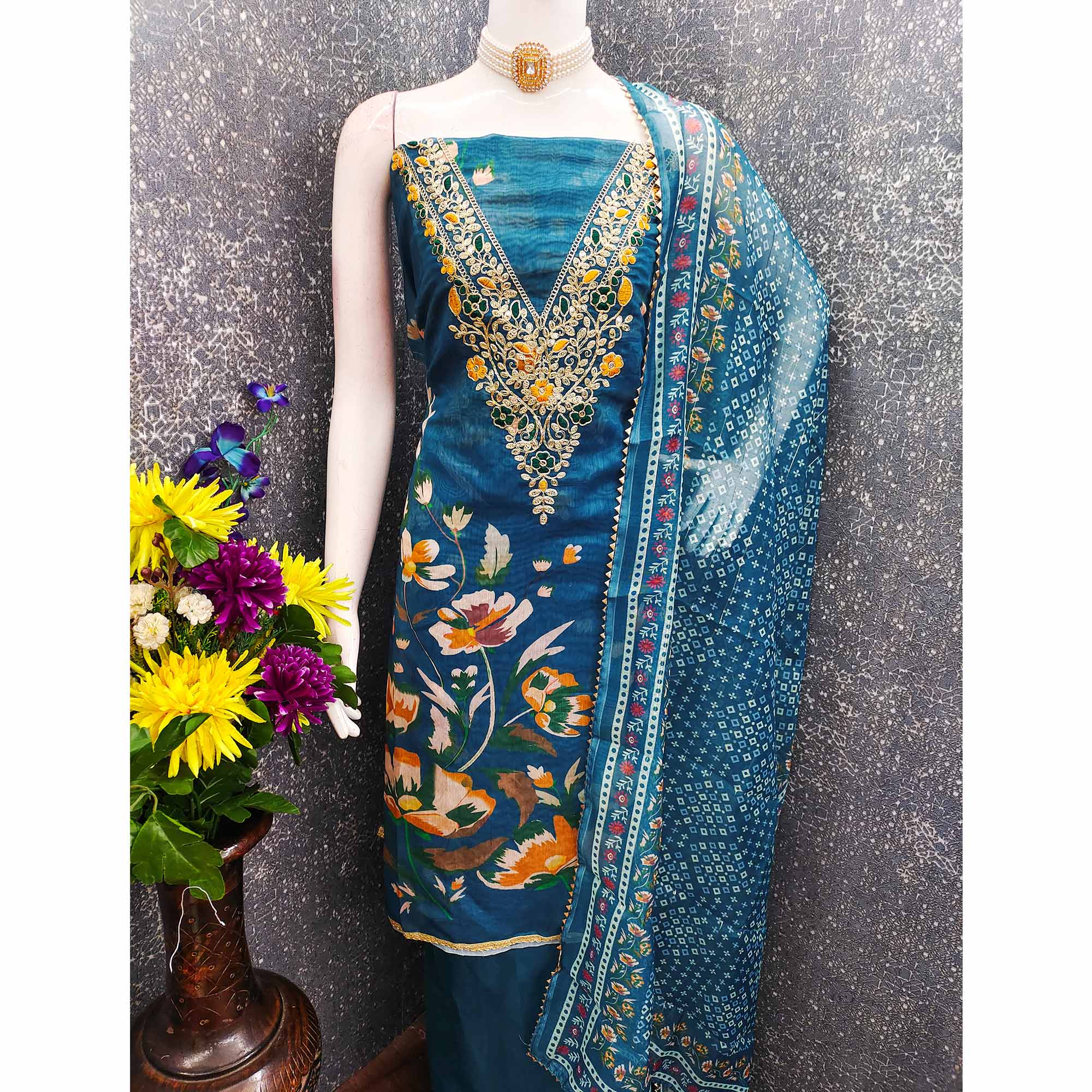 Blue Chanderi Silk Dress Material With Digital Floral Print & Cording Embroidery Work