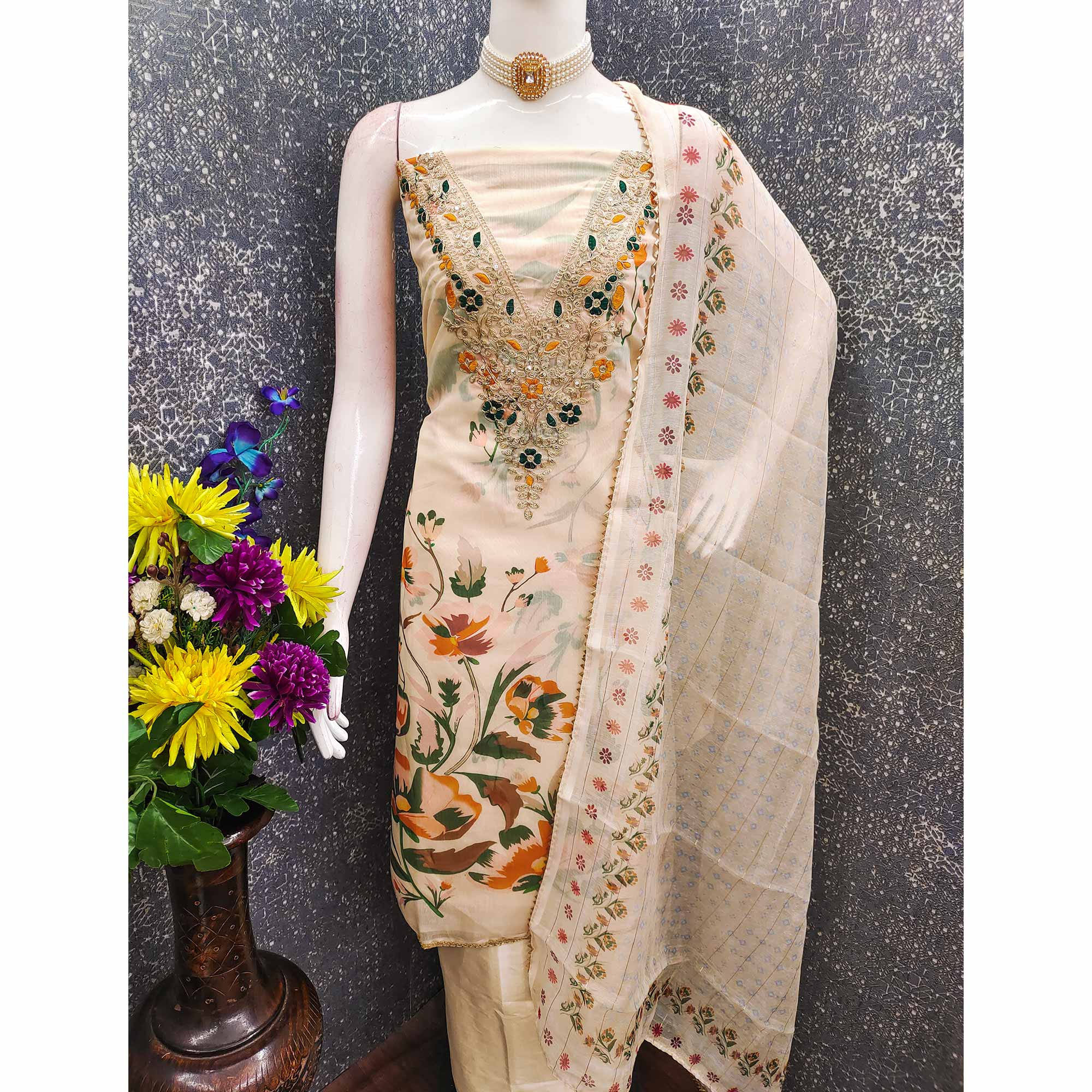 Cream Chanderi Silk Dress Material With Digital Floral Print & Cording Embroidery Work