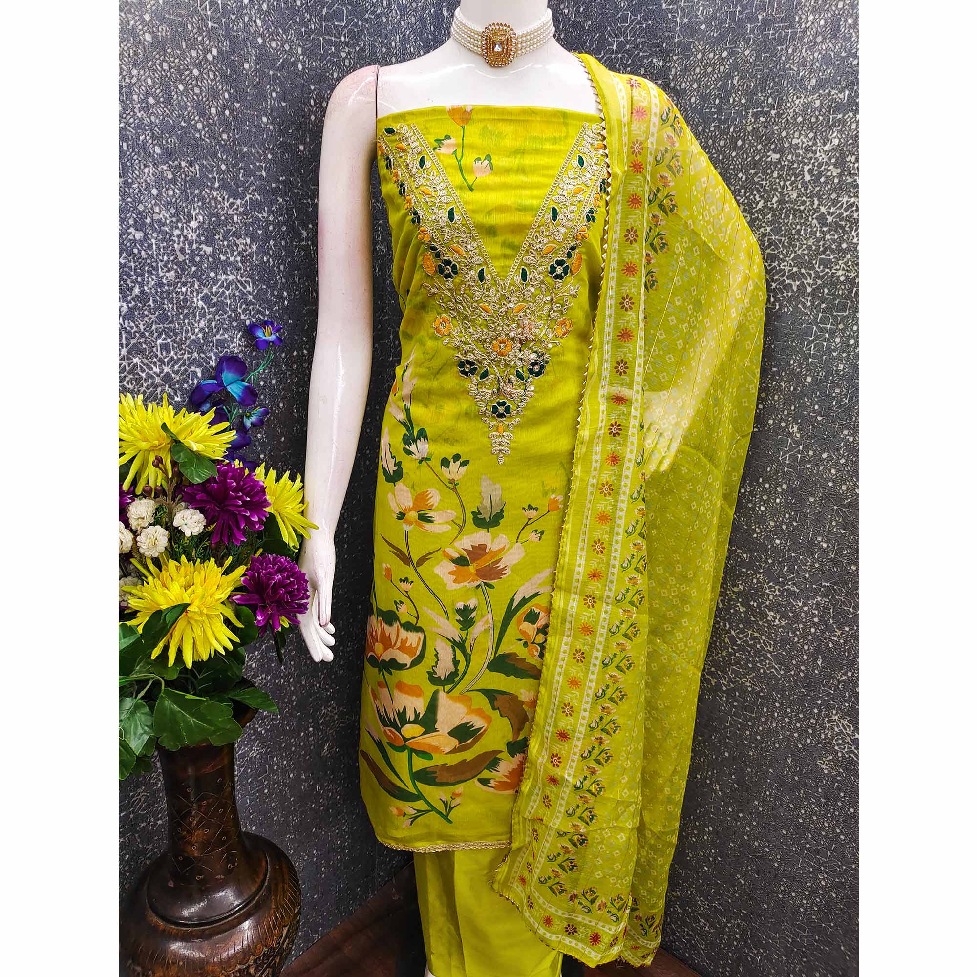 Green Chanderi Silk Dress Material With Digital Floral Print & Cording Embroidery Work