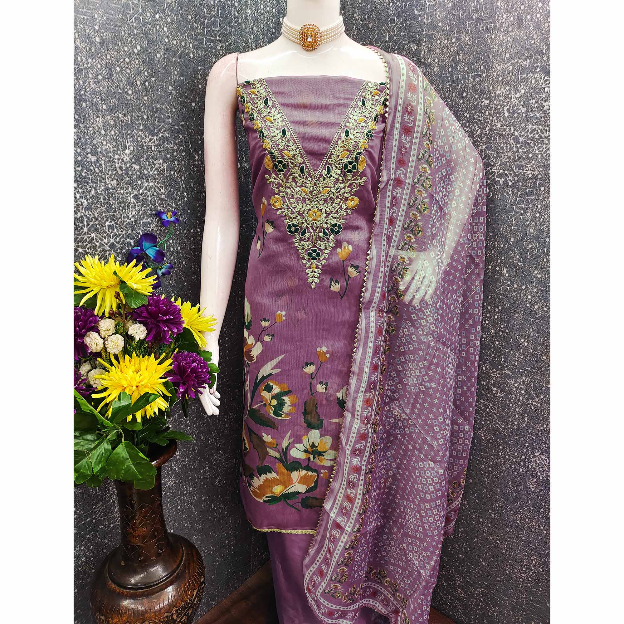 Lavender Chanderi Silk Dress Material With Digital Floral Print & Cording Embroidery Work
