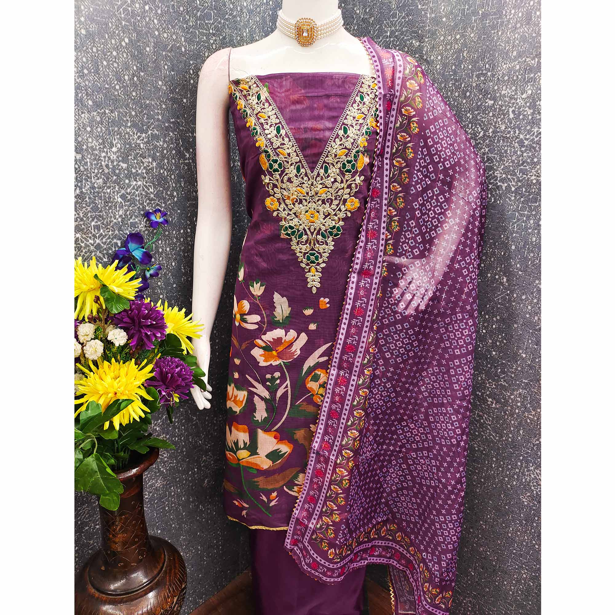 Purple Chanderi Silk Dress Material With Digital Floral Print & Cording Embroidery Work