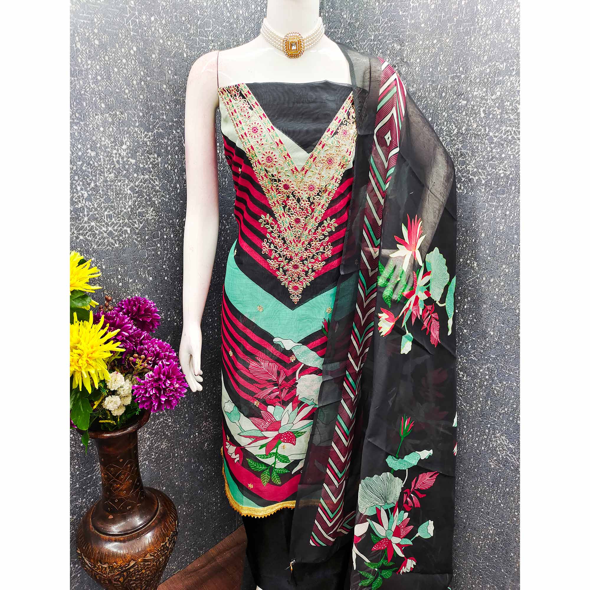 Black Floral Digital Printed With Cording Embroidered Vichitra Silk Dress Material