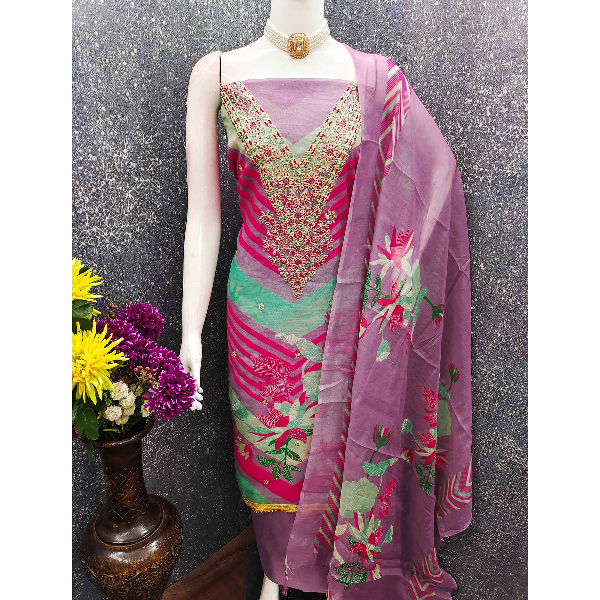 Lavender Floral Digital Printed With Cording Embroidered Vichitra Silk Dress Material