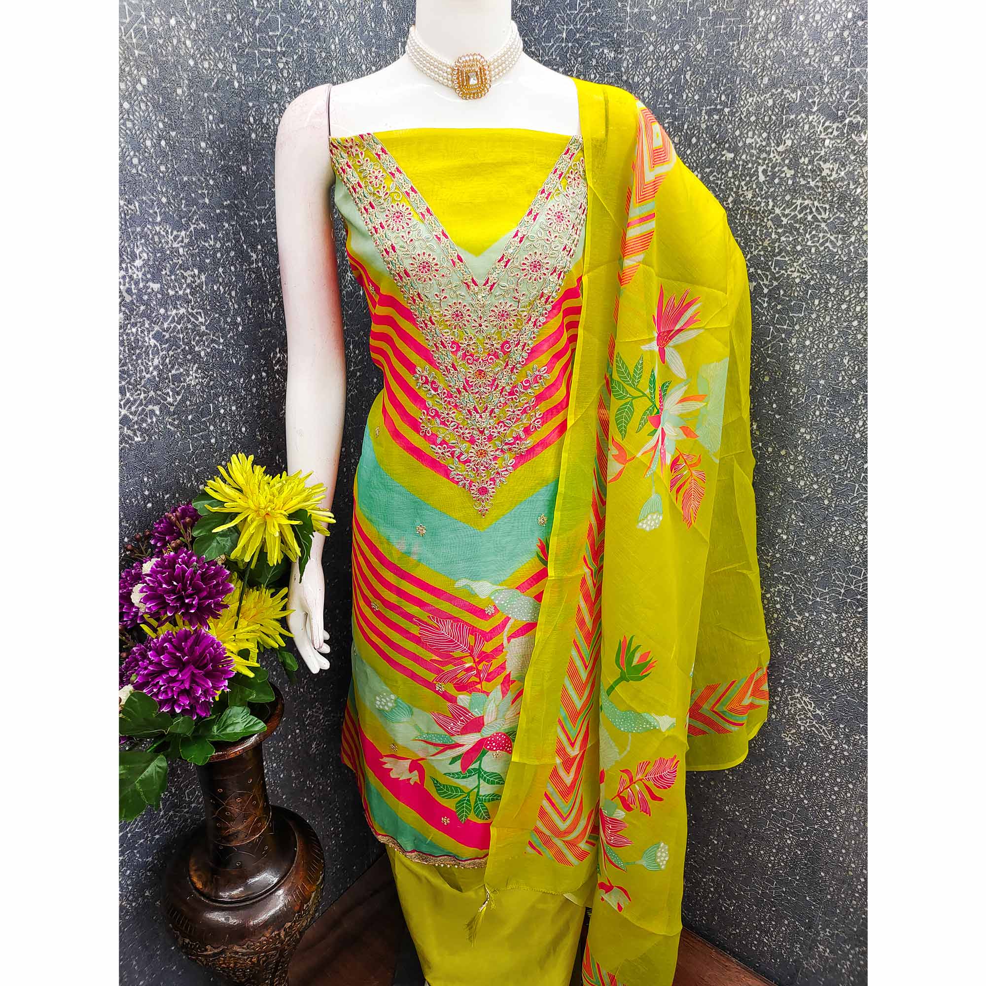 Lemon Green Floral Digital Printed With Cording Embroidered Vichitra Silk Dress Material