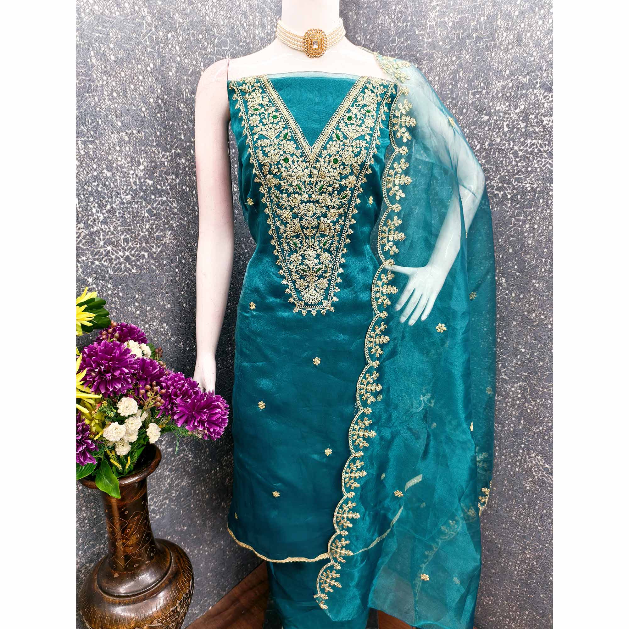 Rama Blue Organza Fabric With Delicate Floral Cording Embroidery & Shimmering Sequins Work