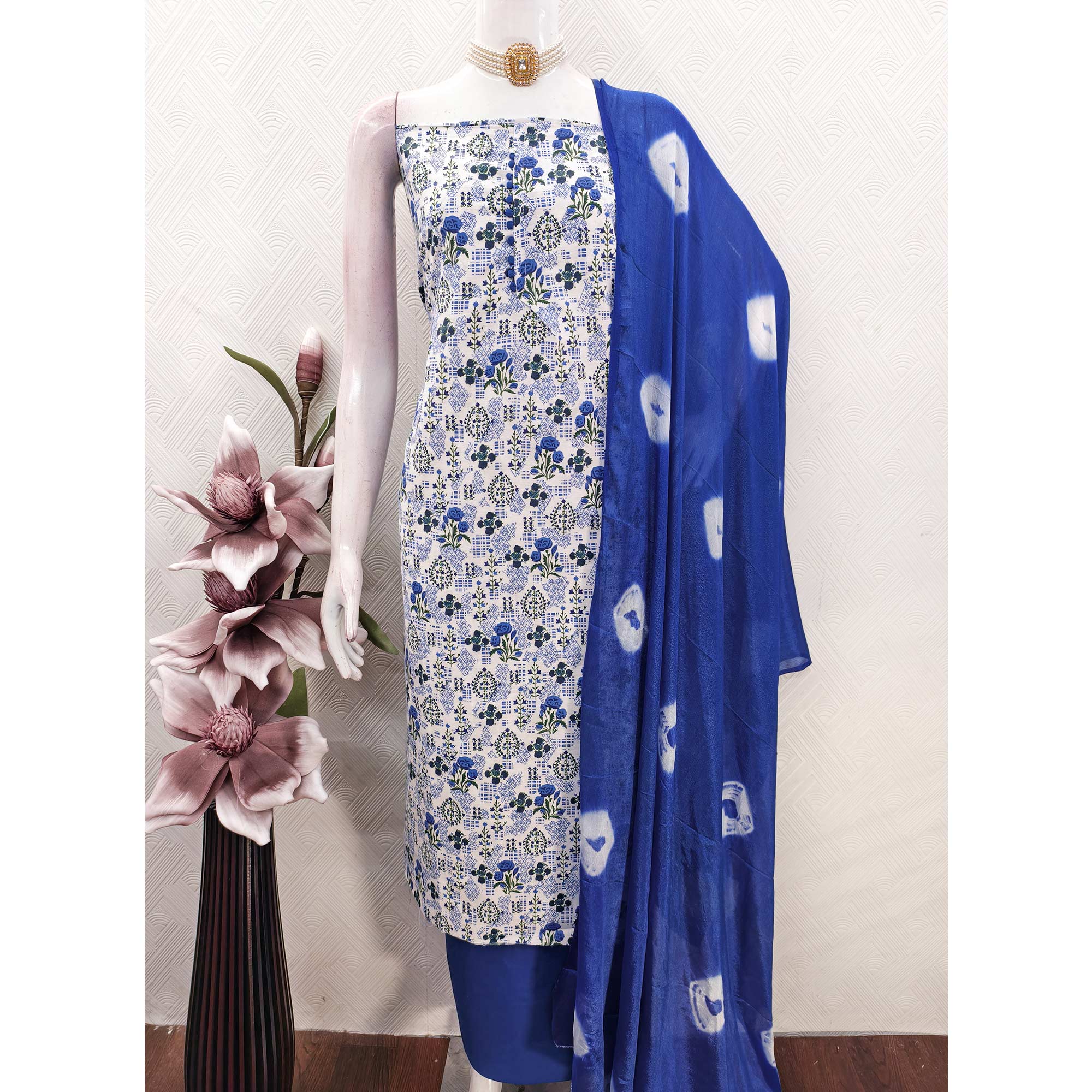 Lightweight Cream & Blue Cotton Dress Material with Beautiful Floral Print Detailing