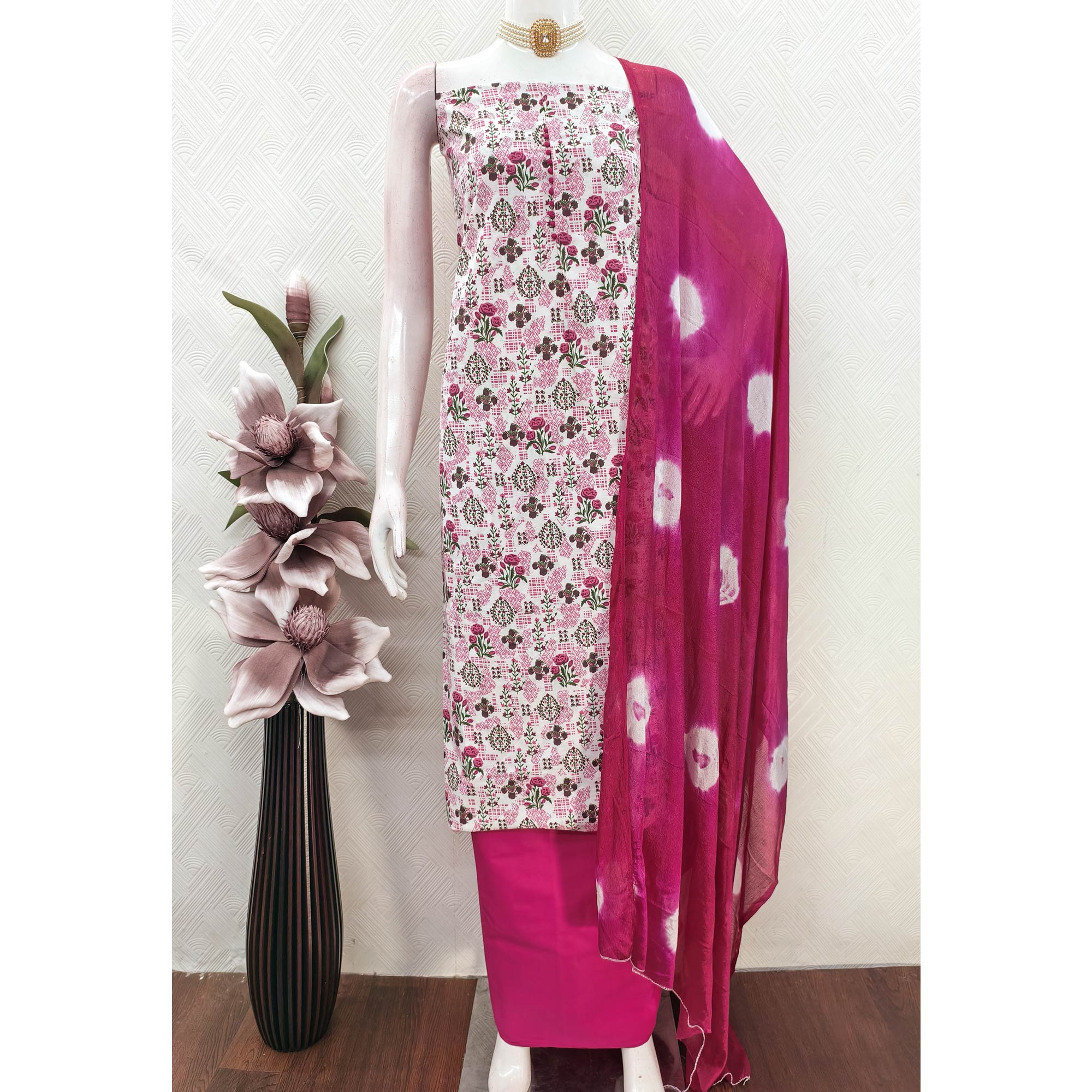 Lightweight Cream & Pink Cotton Dress Material with Beautiful Floral Print Detailing