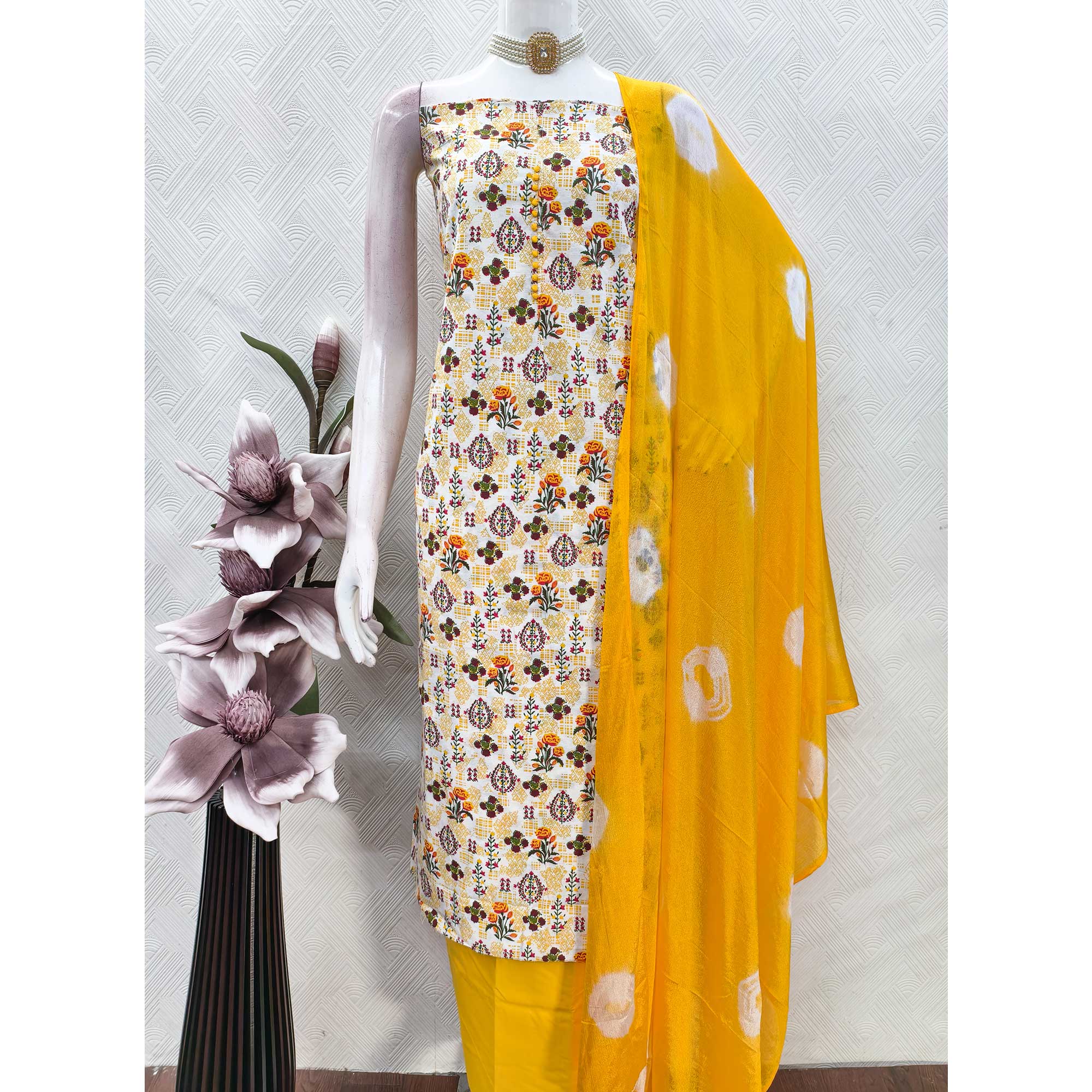 Lightweight Cream & Yellow Cotton Dress Material with Beautiful Floral Print Detailing