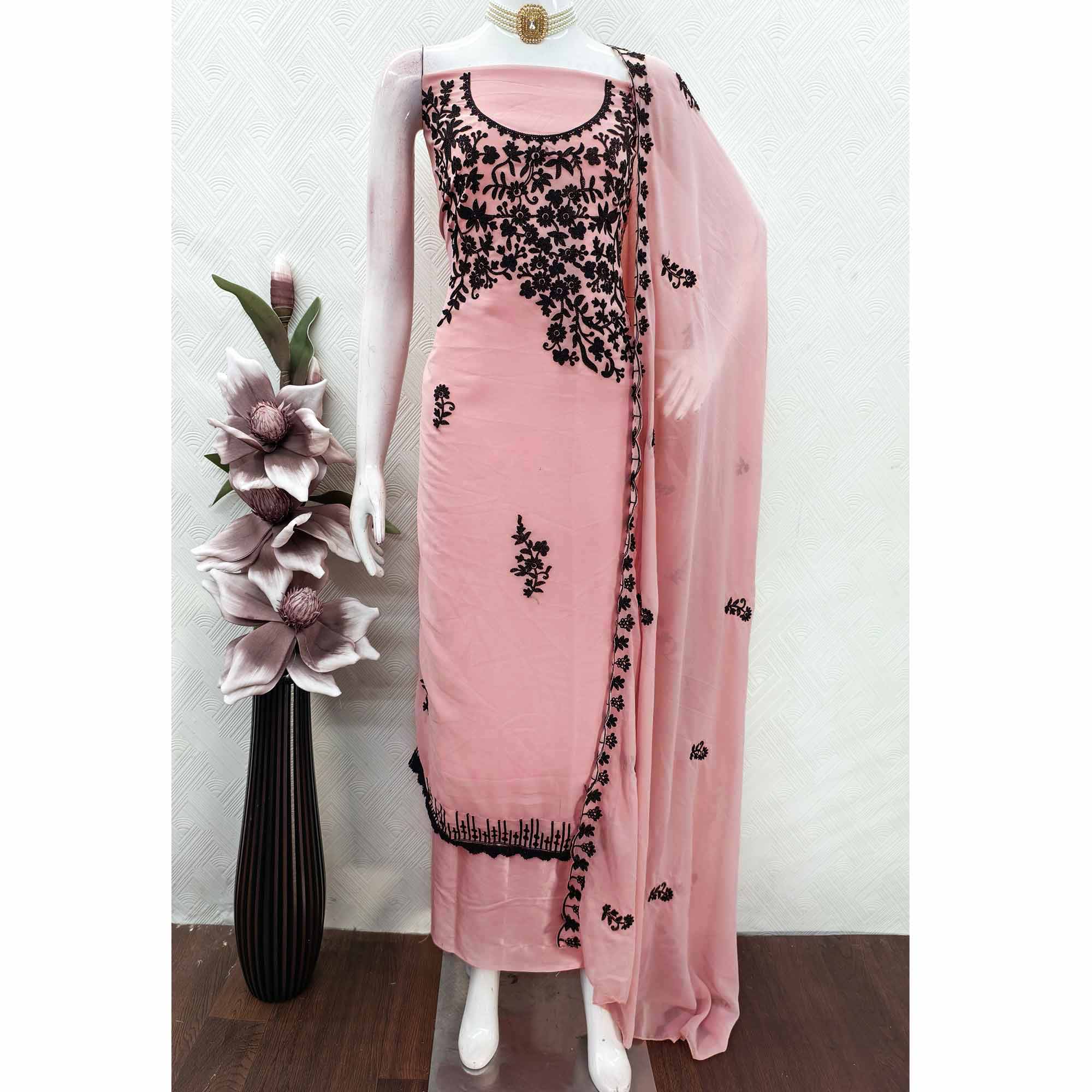Designer Peach Floral Embroidered Georgette Material for Stylish Dresses and Outfits