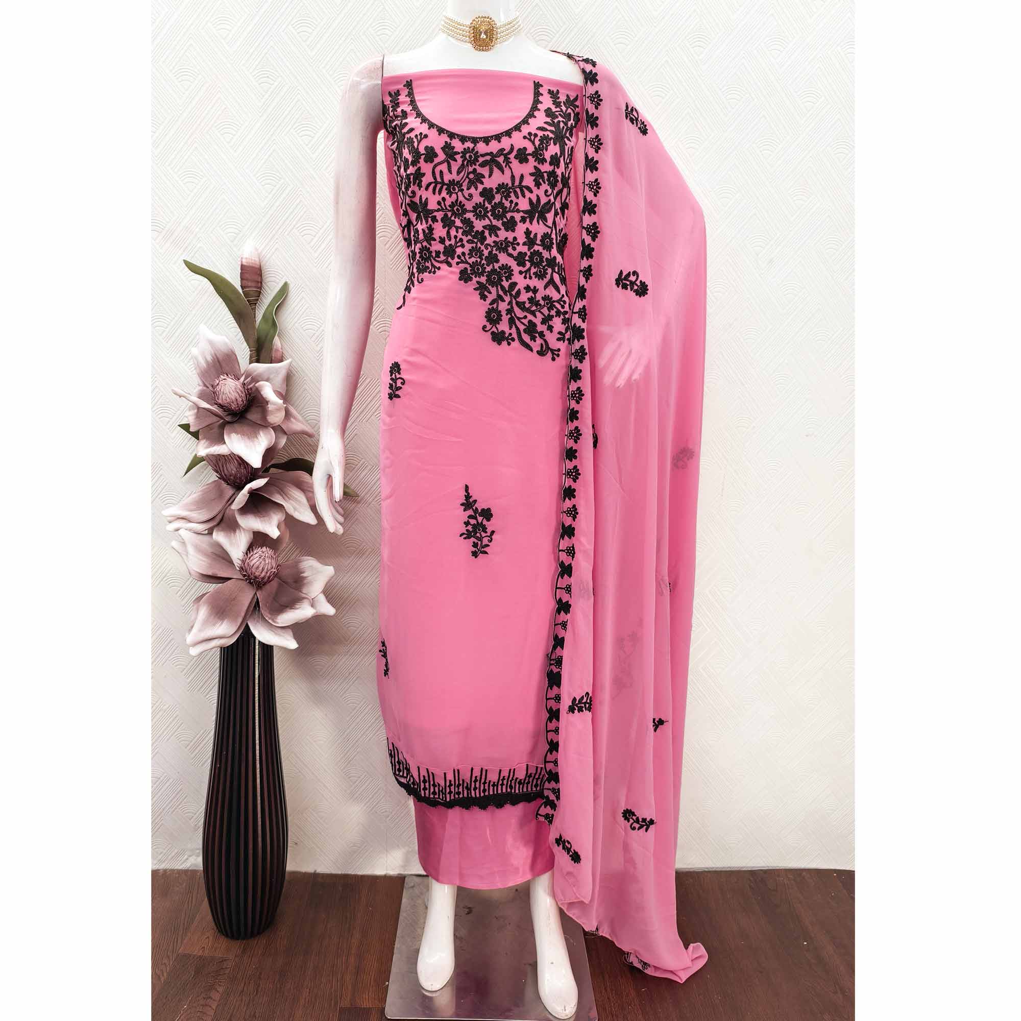 Designer Pink Floral Embroidered Georgette Material for Stylish Dresses and Outfits
