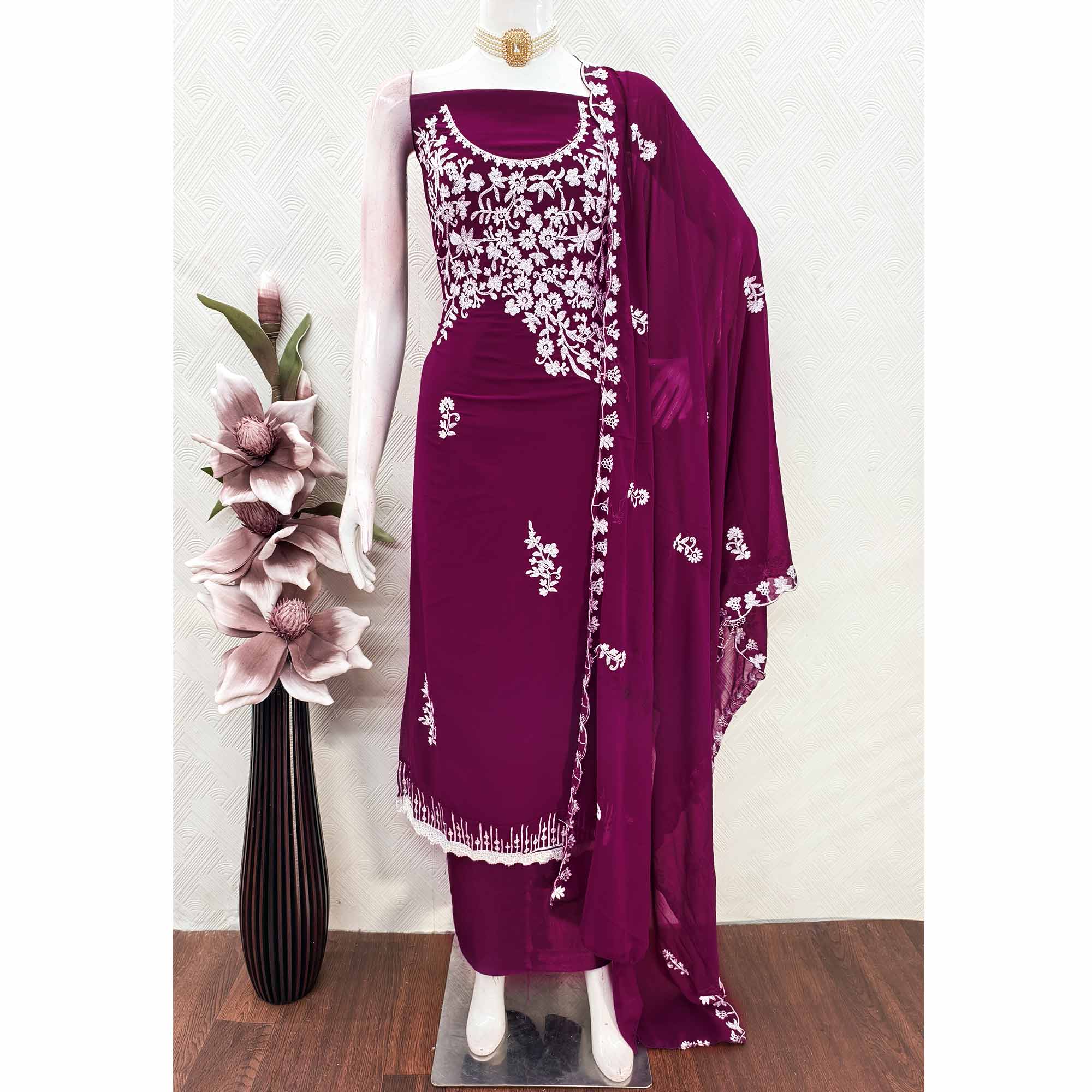 Designer Plum Purple Floral Embroidered Georgette Material for Stylish Dresses and Outfits