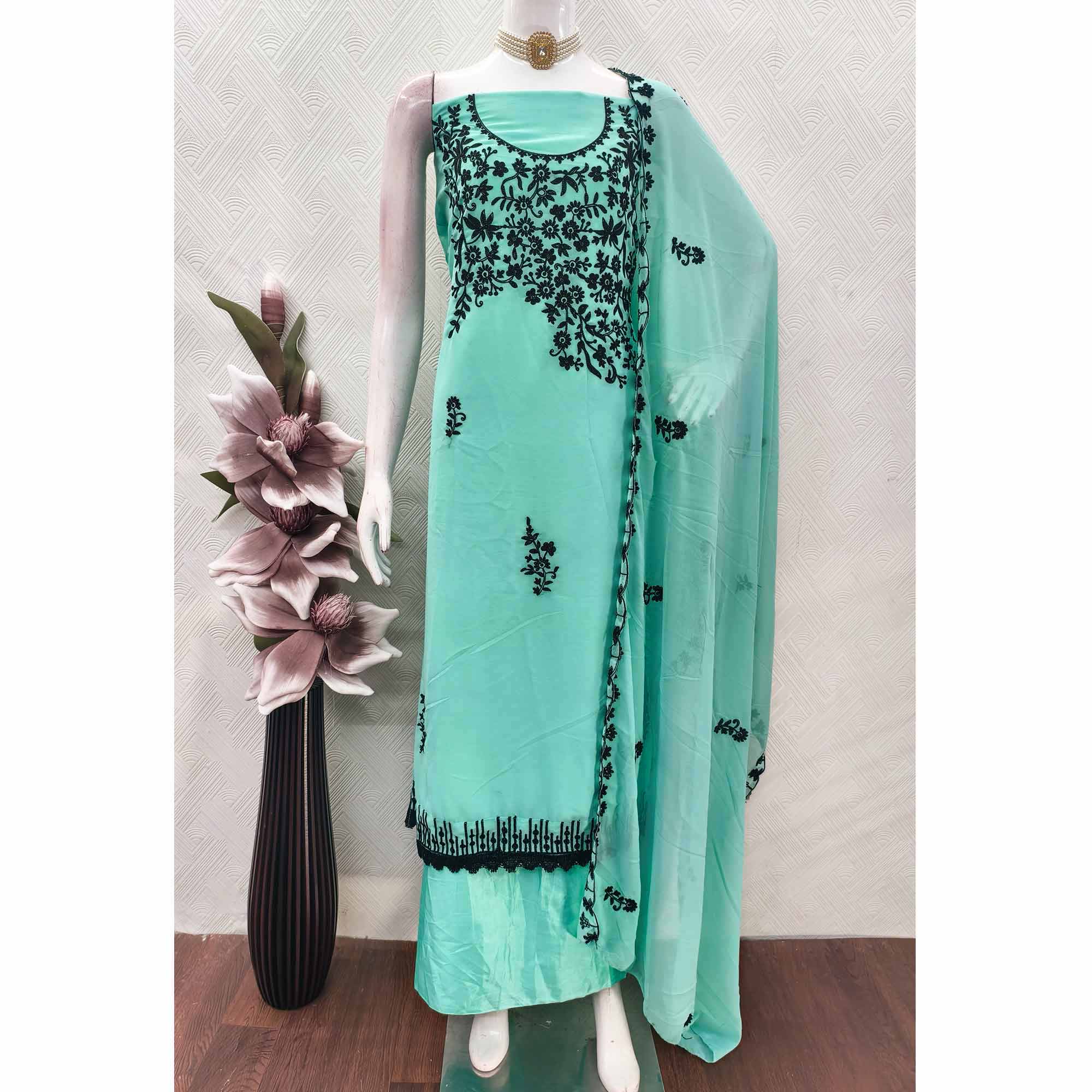 Designer Turquoise Floral Embroidered Georgette Material for Stylish Dresses and Outfits