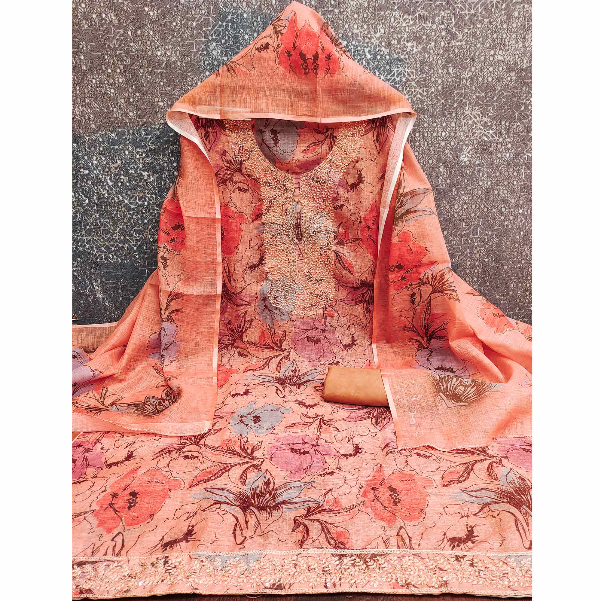 Peach Floral Digital Printed Cotton Blend Dress Material With Sparkling Sequins Embroidery