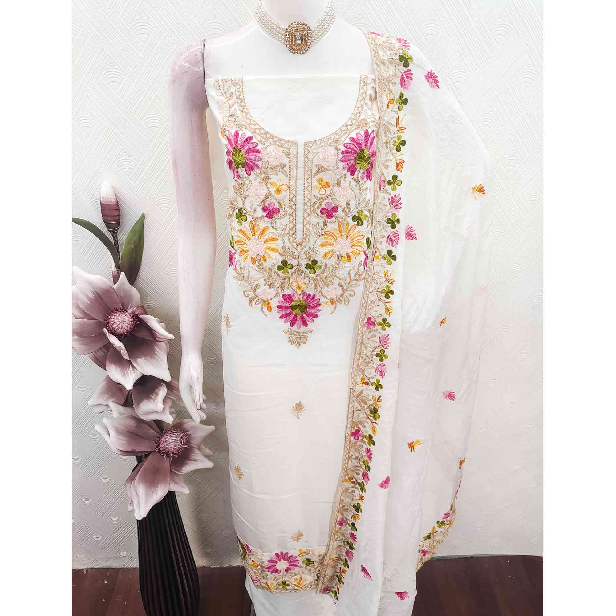 Offwhite Designer Roman Art Silk Dress Material Adorned With Floral Thread Embroidery Work