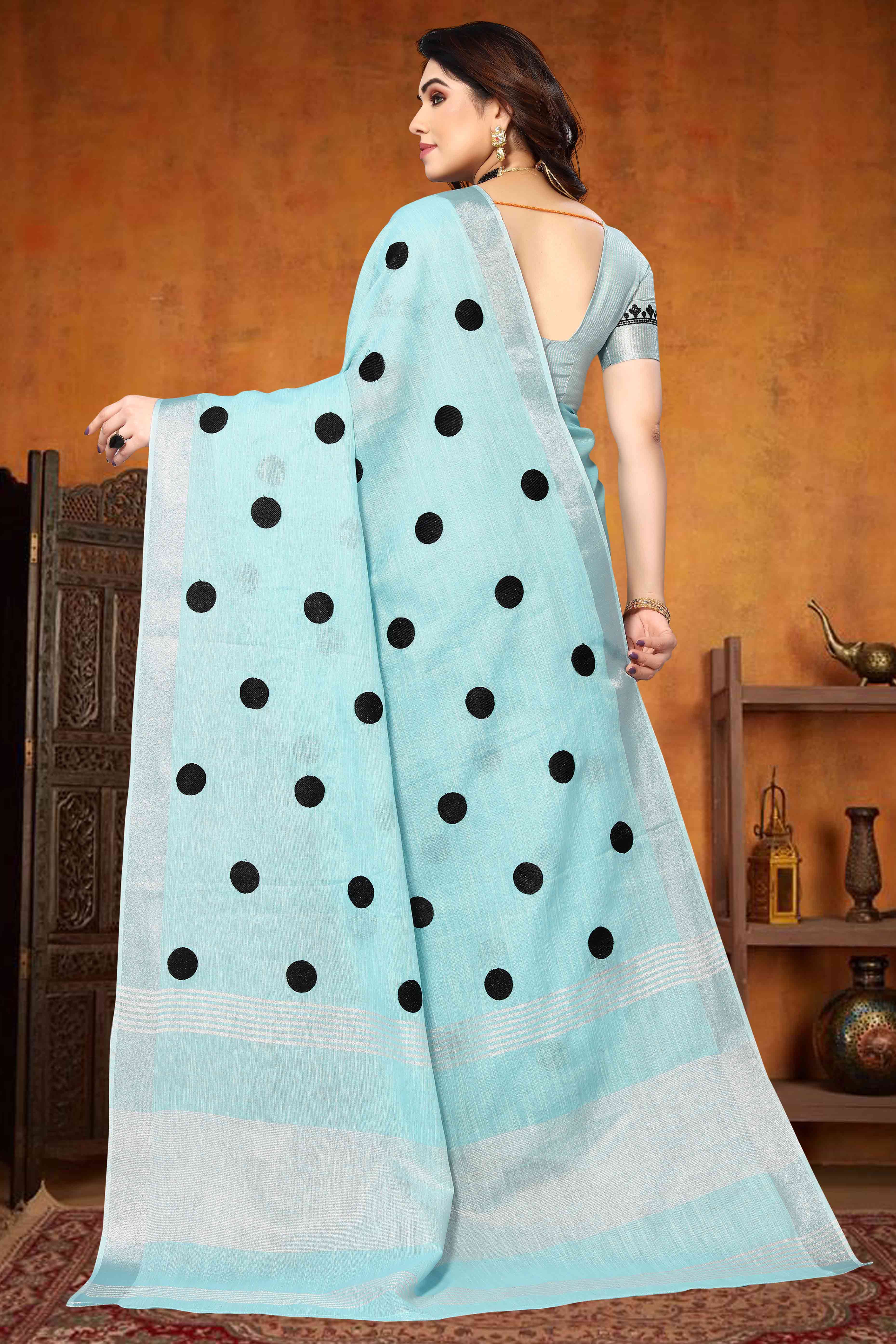 Blue Embroidered Linen Cotton Saree With Zari Border