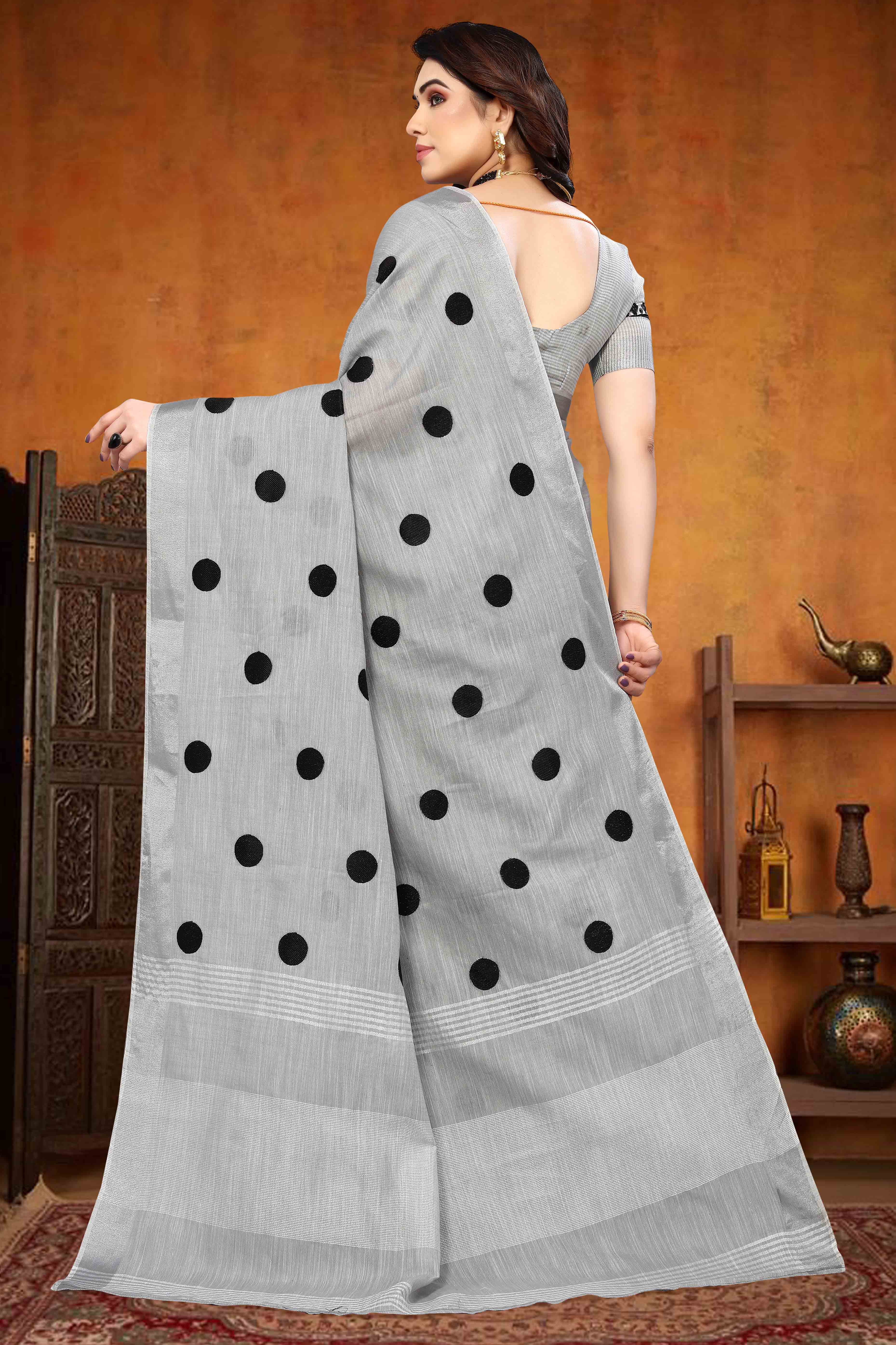 Grey Embroidered Linen Cotton Saree With Zari Border