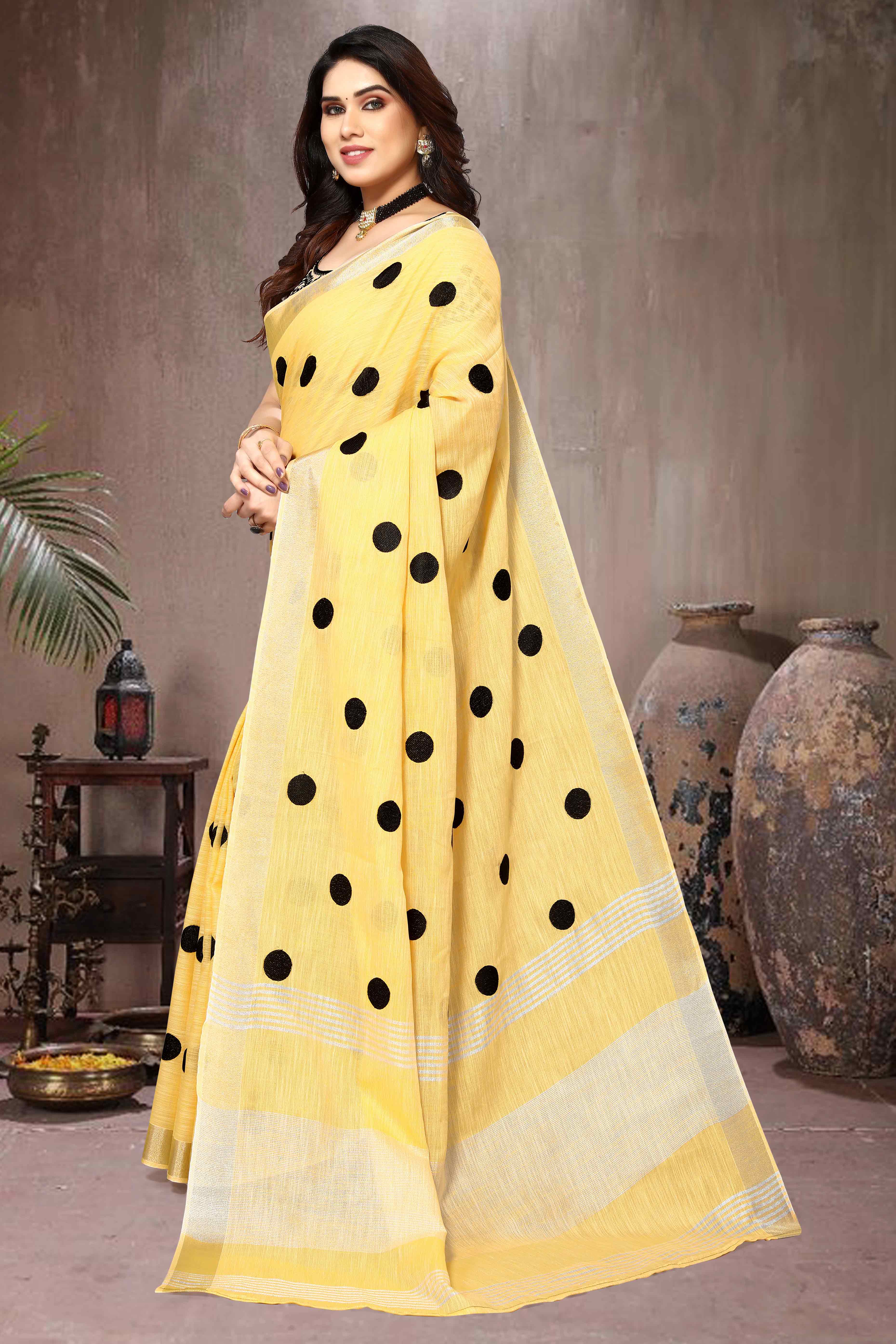 Yellow Embroidered Linen Cotton Saree With Zari Border