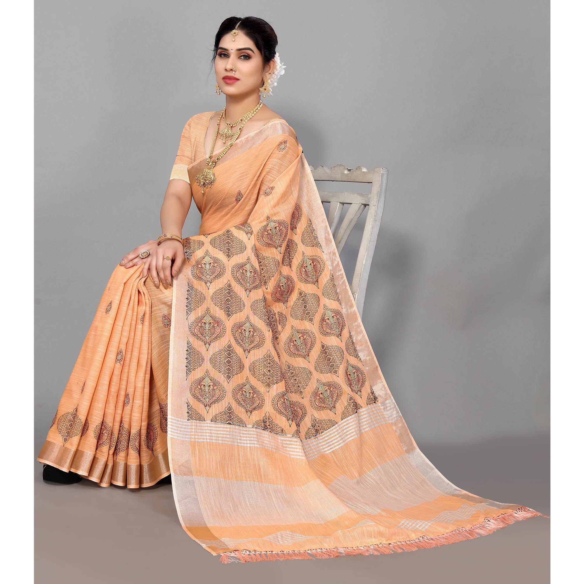Light Orange Embroidered Cotton Silk Saree With Tassels