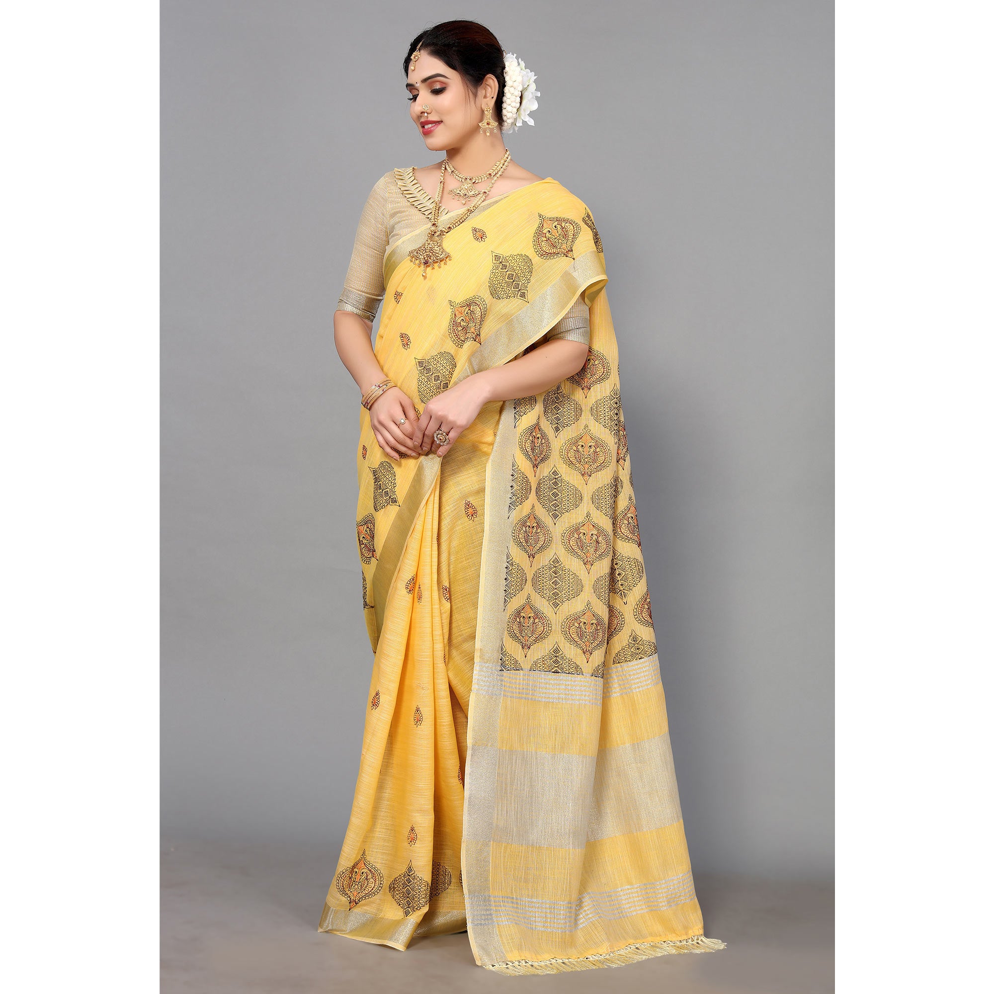 Yellow Embroidered Cotton Silk Saree With Tassels