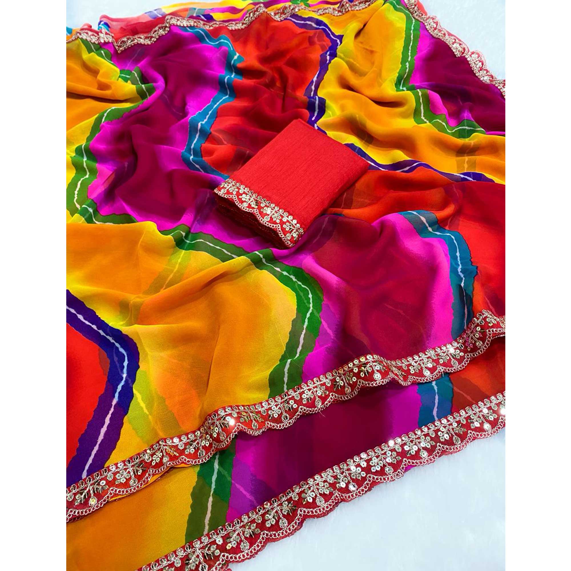 Multicolor Leheriya Print Saree in Flowing Georgette Fabric with Sequins Border Highlight