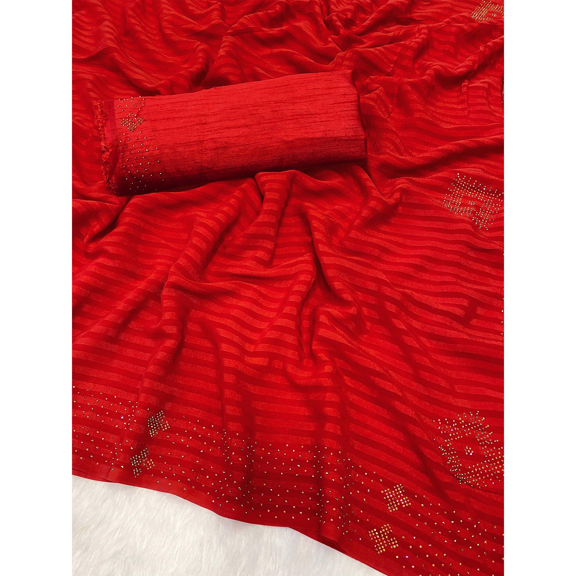 Red Lightweight Woven Chiffon Saree Enhanced with Swarovski Work