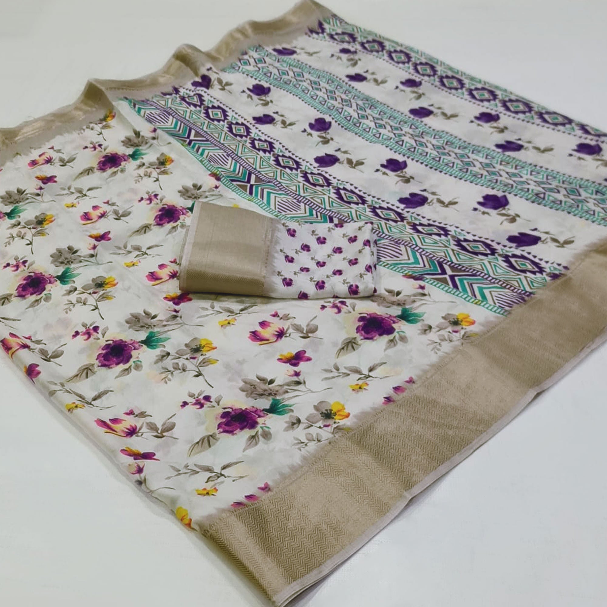 White & Purple Floral Printed Dola Silk Saree With Zari Border