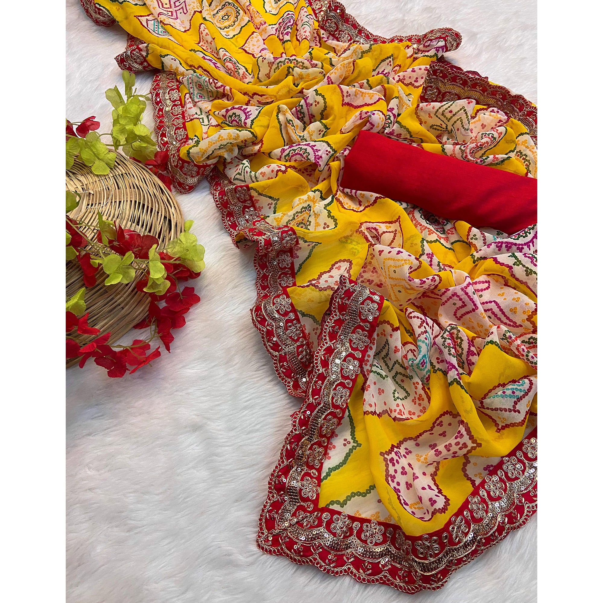 Yellow Bandhani Printed Georgette Saree With Sequins Embroidered Border
