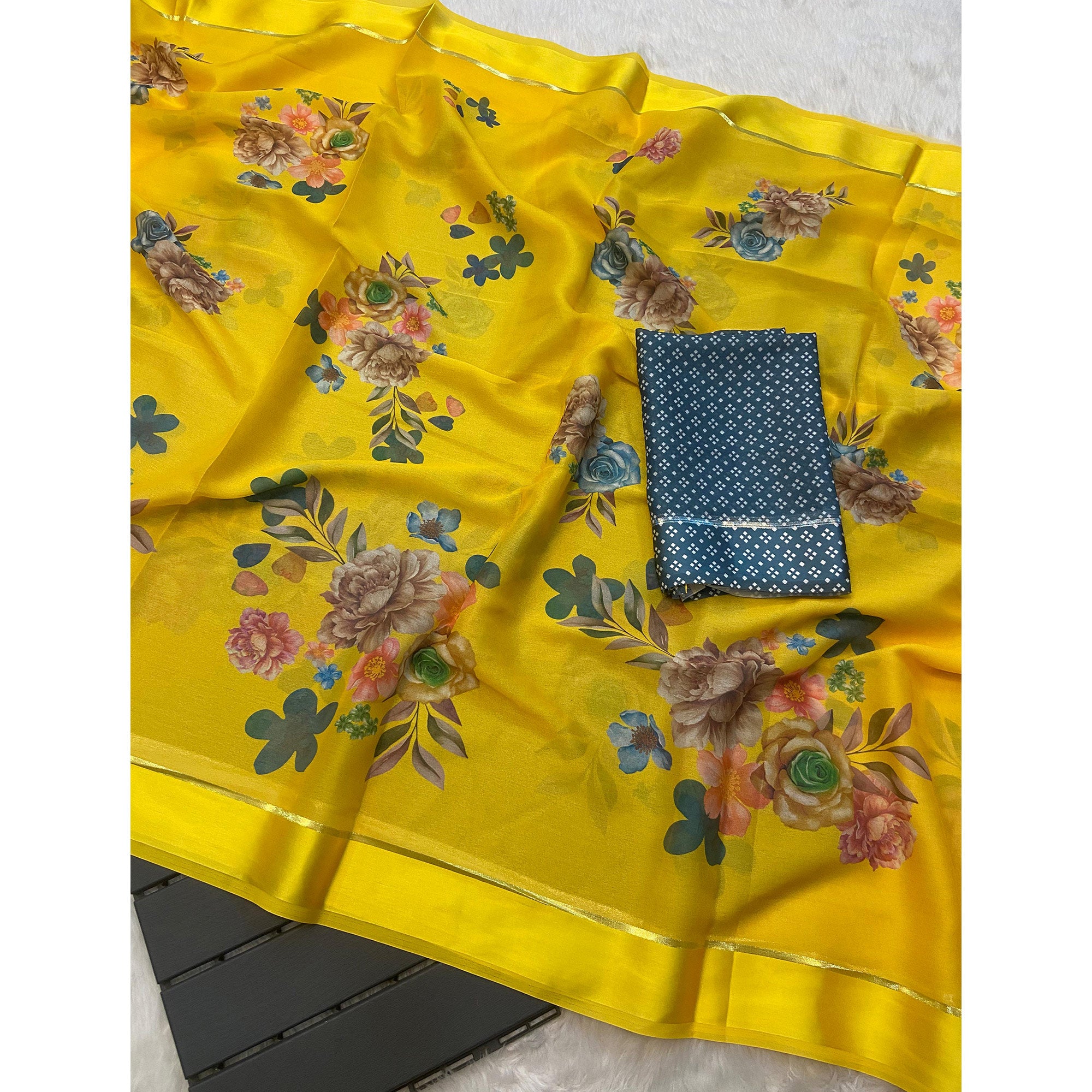 Yellow Floral Printed Chiffon Saree