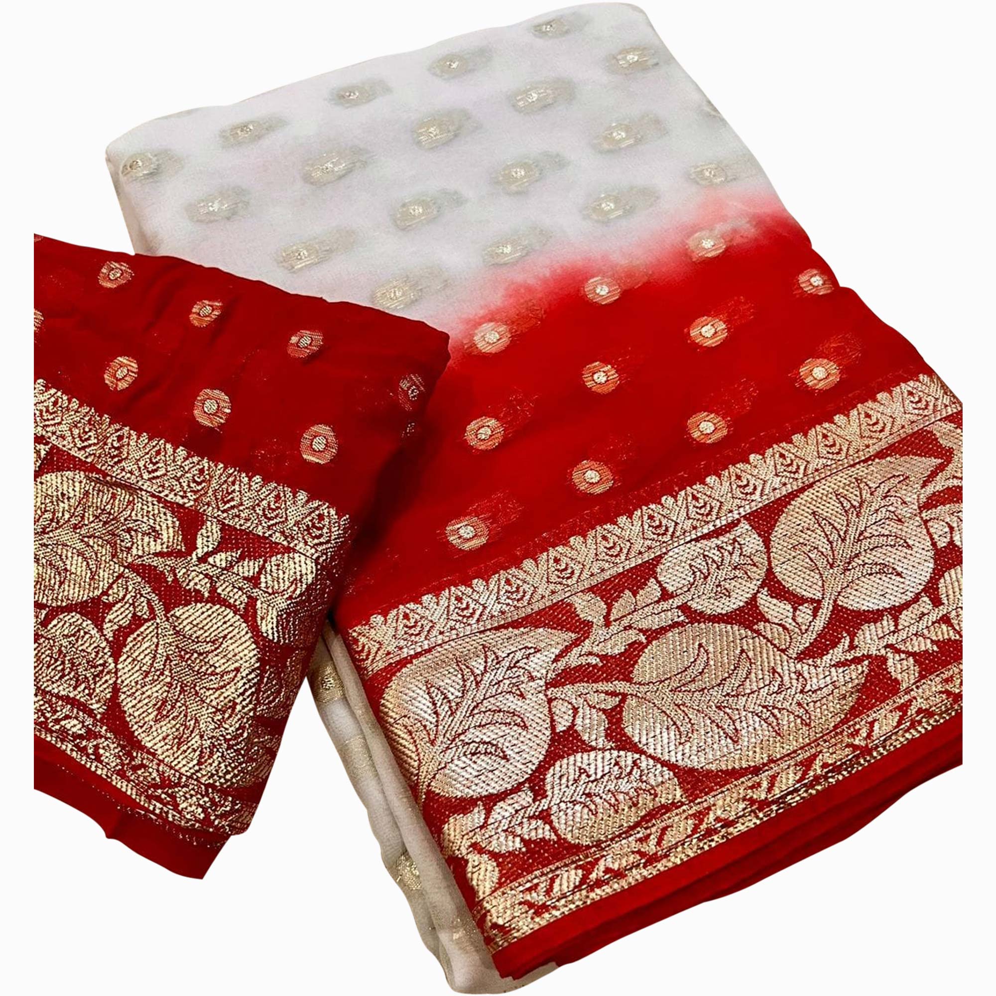 White & Red Zari Woven Viscose Saree