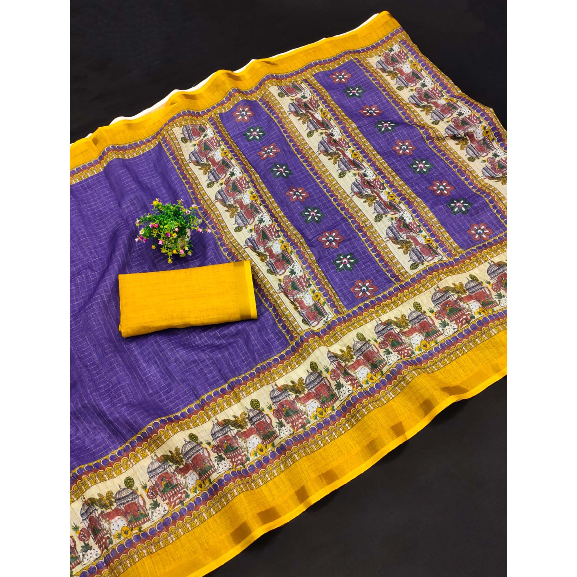 Purple Checks Zari Woven With Printed Linen Saree