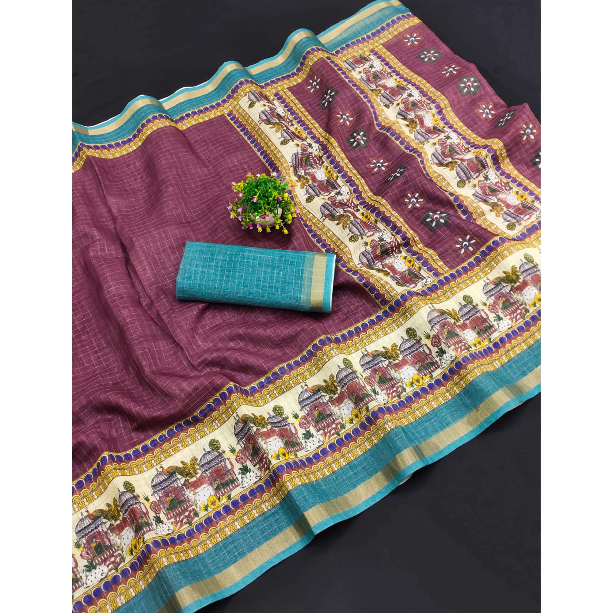 Wine Checks Zari Woven With Printed Linen Saree