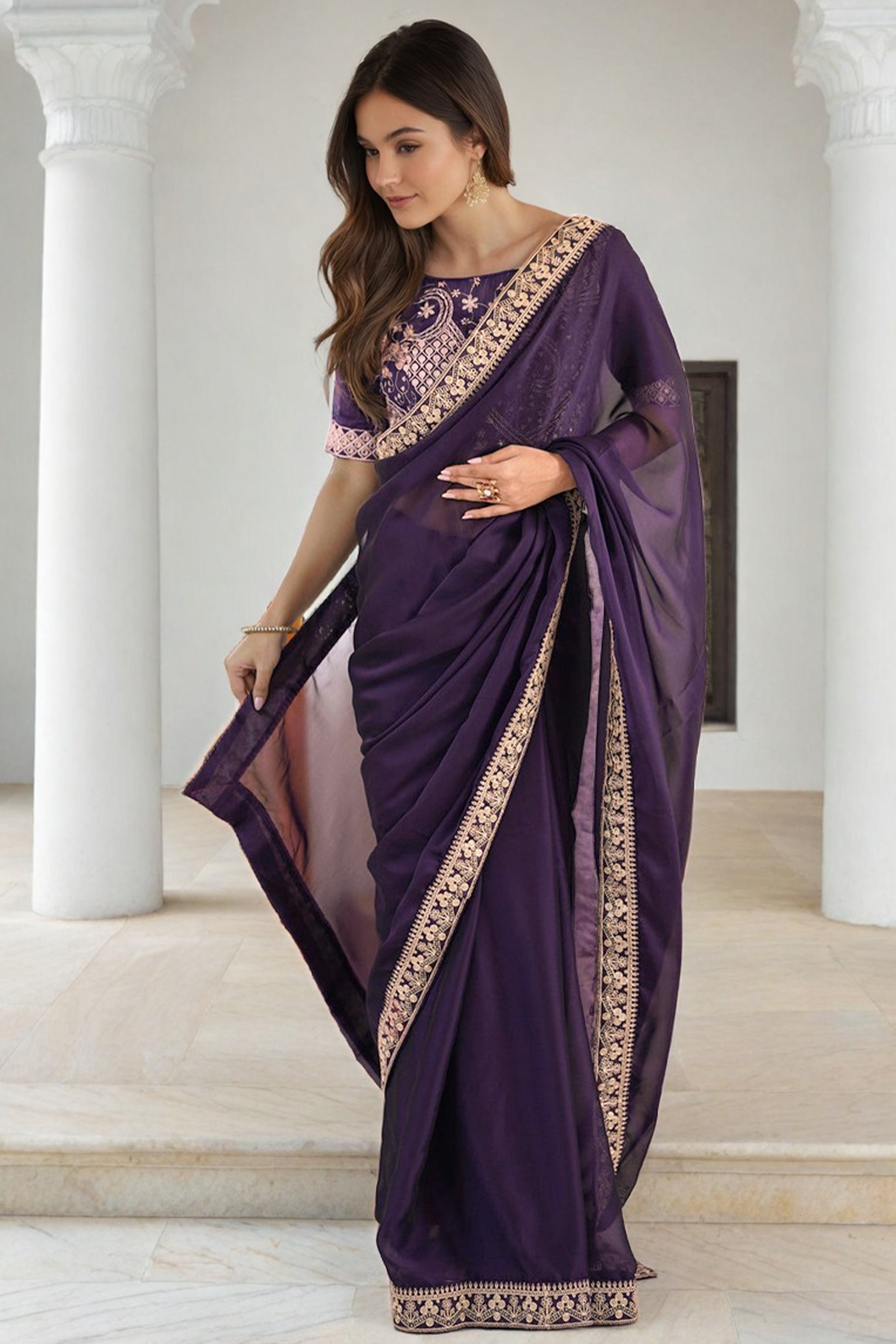 Elegant Purple Rangoli Silk Organza Saree Featuring Zari Cording Embroidery With Sequins Border