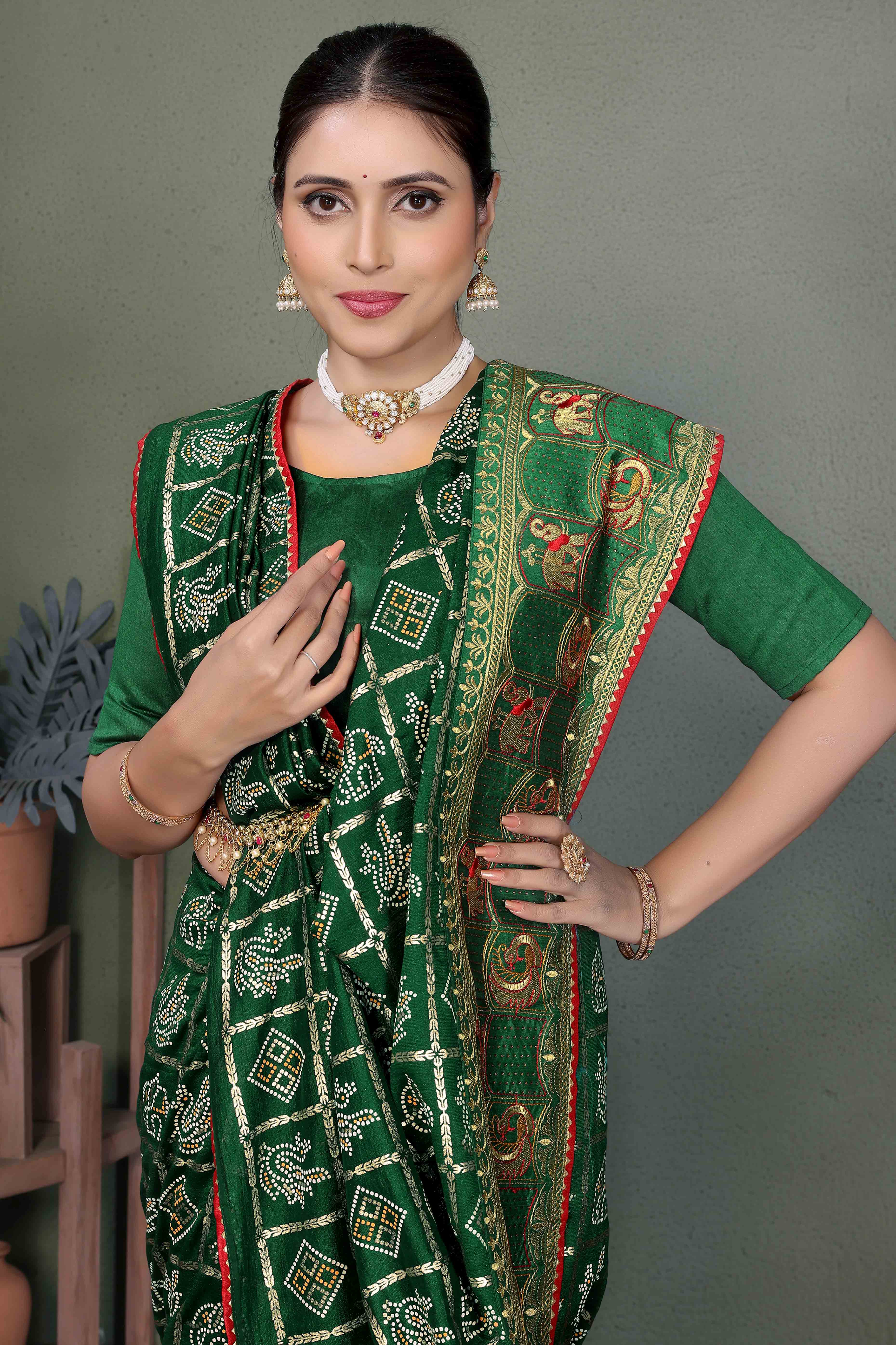 Green Vichitra Silk Saree Featuring Bandhani Patterns and Graceful Embroidered Borders
