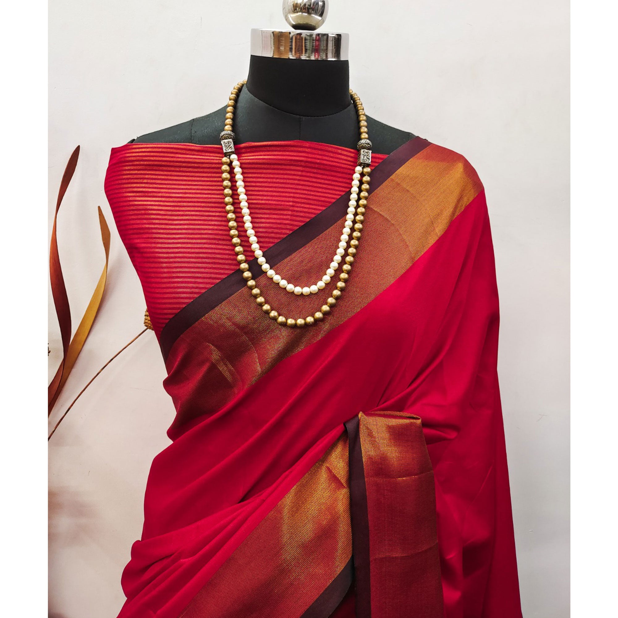 Red Woven Art Silk Saree With Tassels