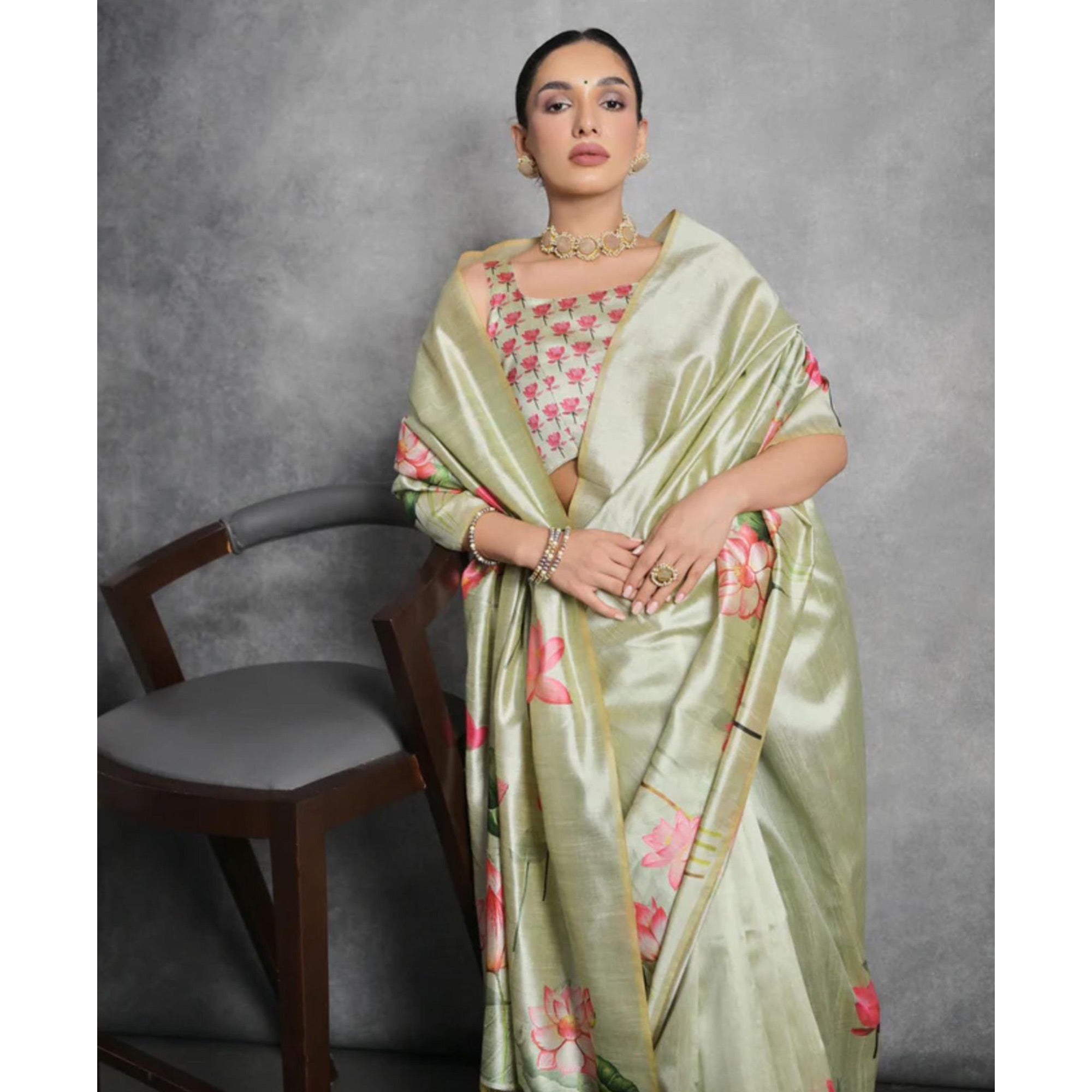 Green Digital Printed Tussar Silk Saree