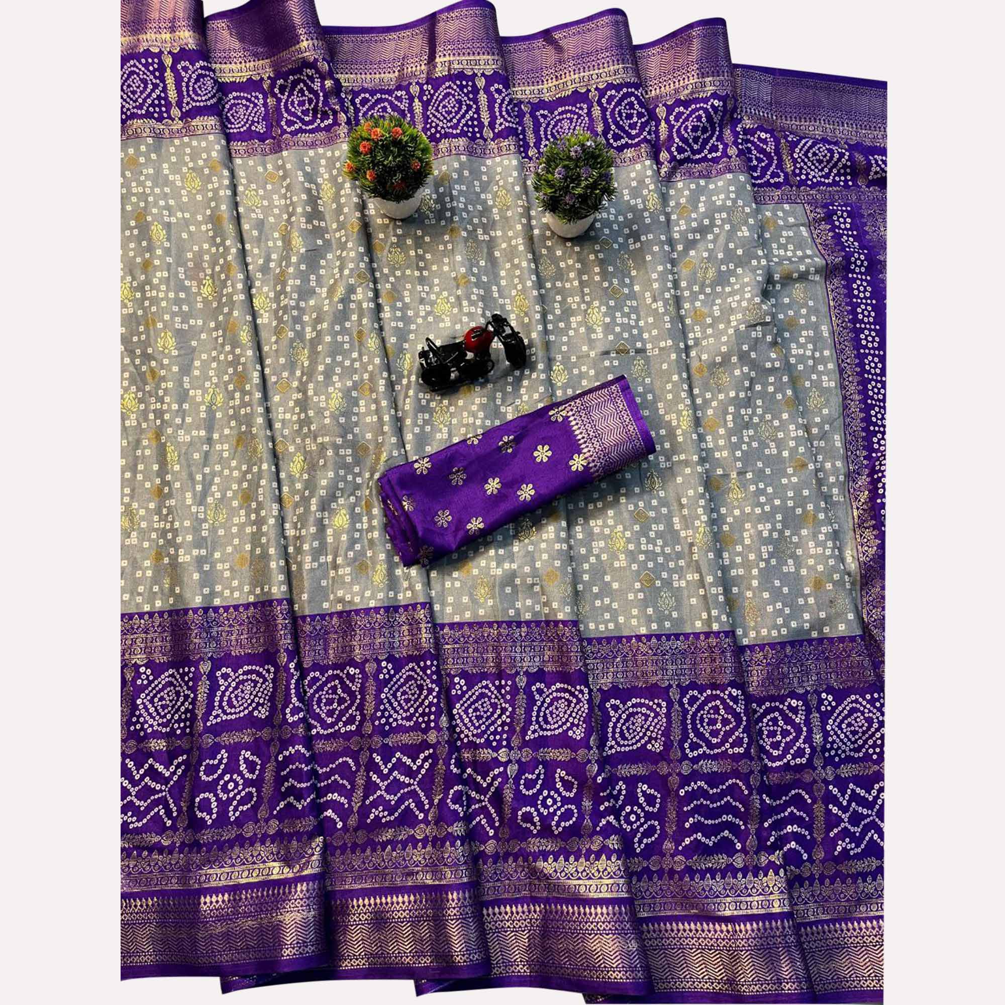 Grey & Purple Dola Silk Saree Featuring Traditional Bandhani Print & Woven Border