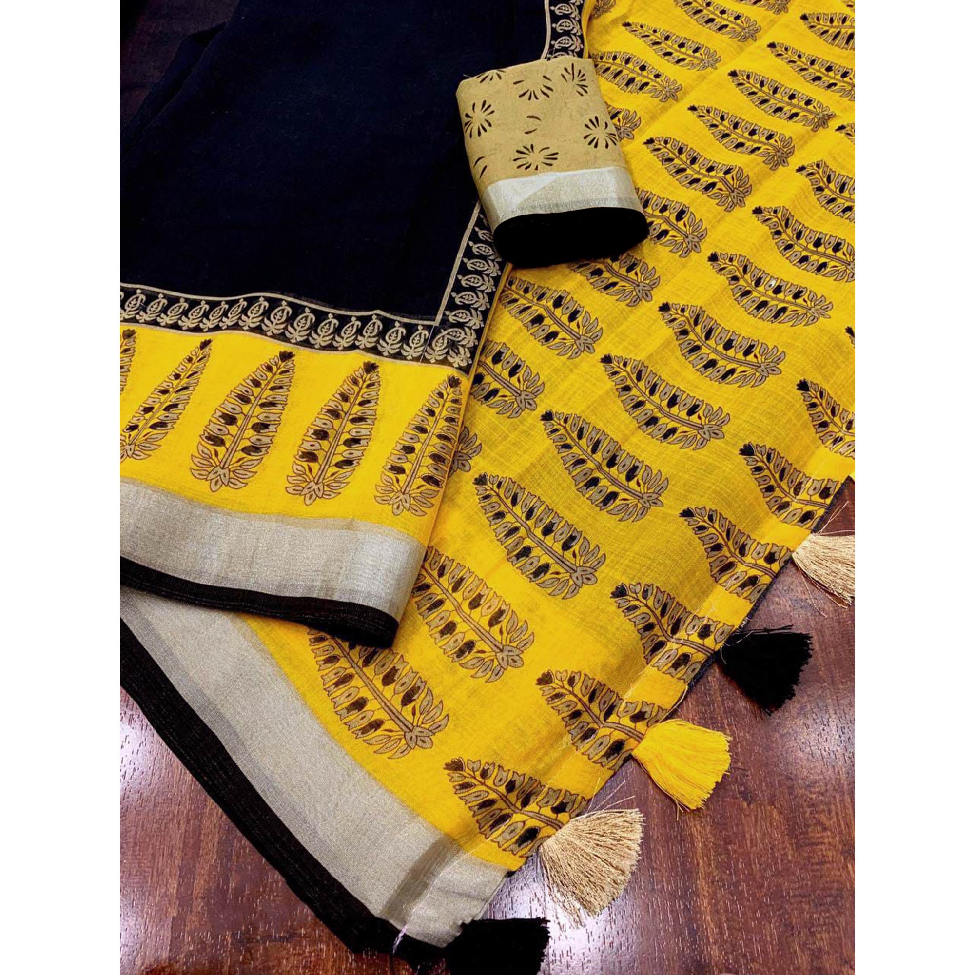 Black & Yellow Floral Printed Linen Cotton Saree