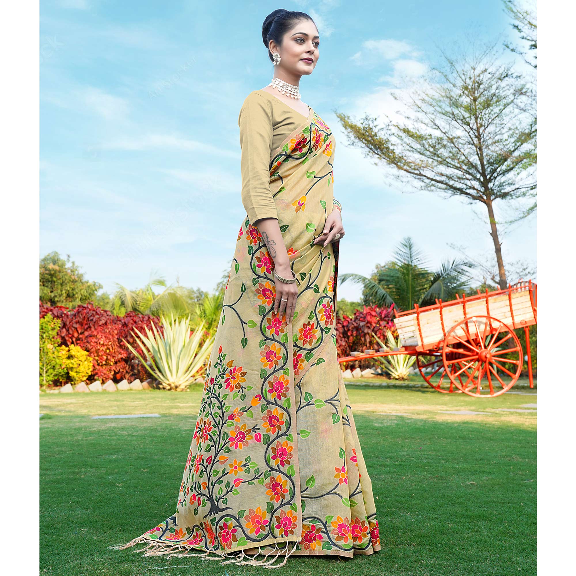 Beige Floral Woven Cotton Silk Saree With Tassels